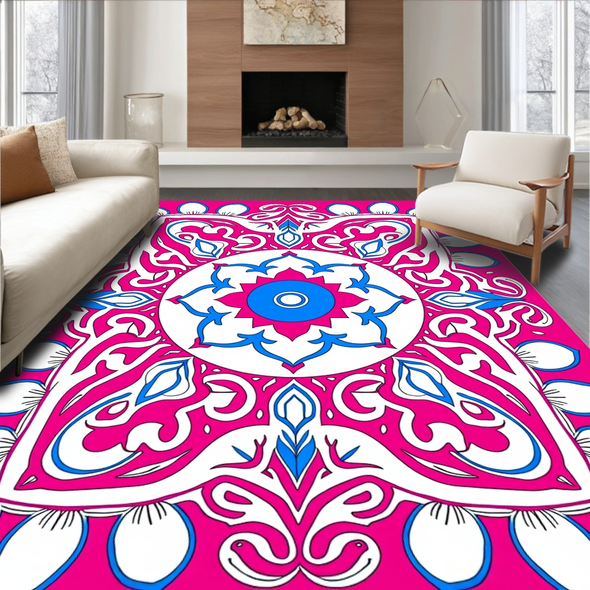 Bold Pink And Blue Ornate Mandala Rug