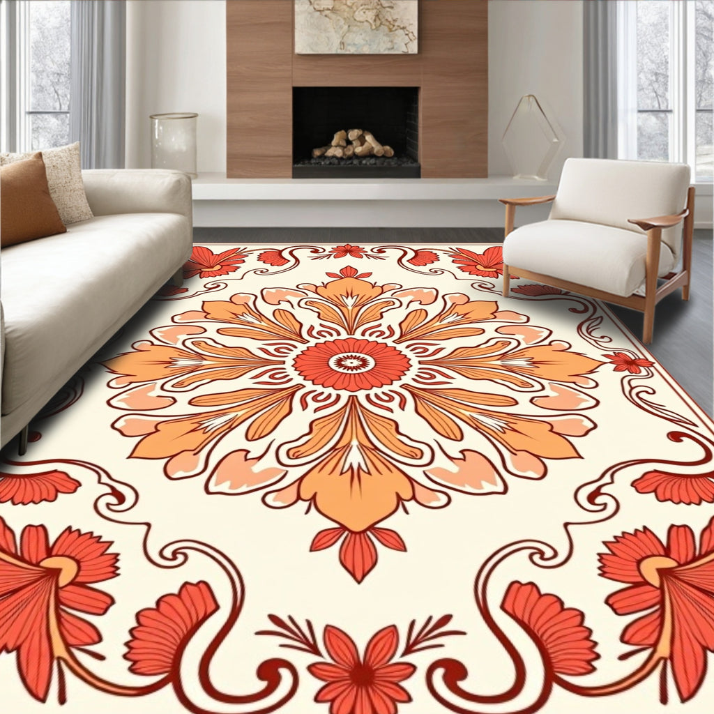 Crimson Orange Floral Medallion Border Rug