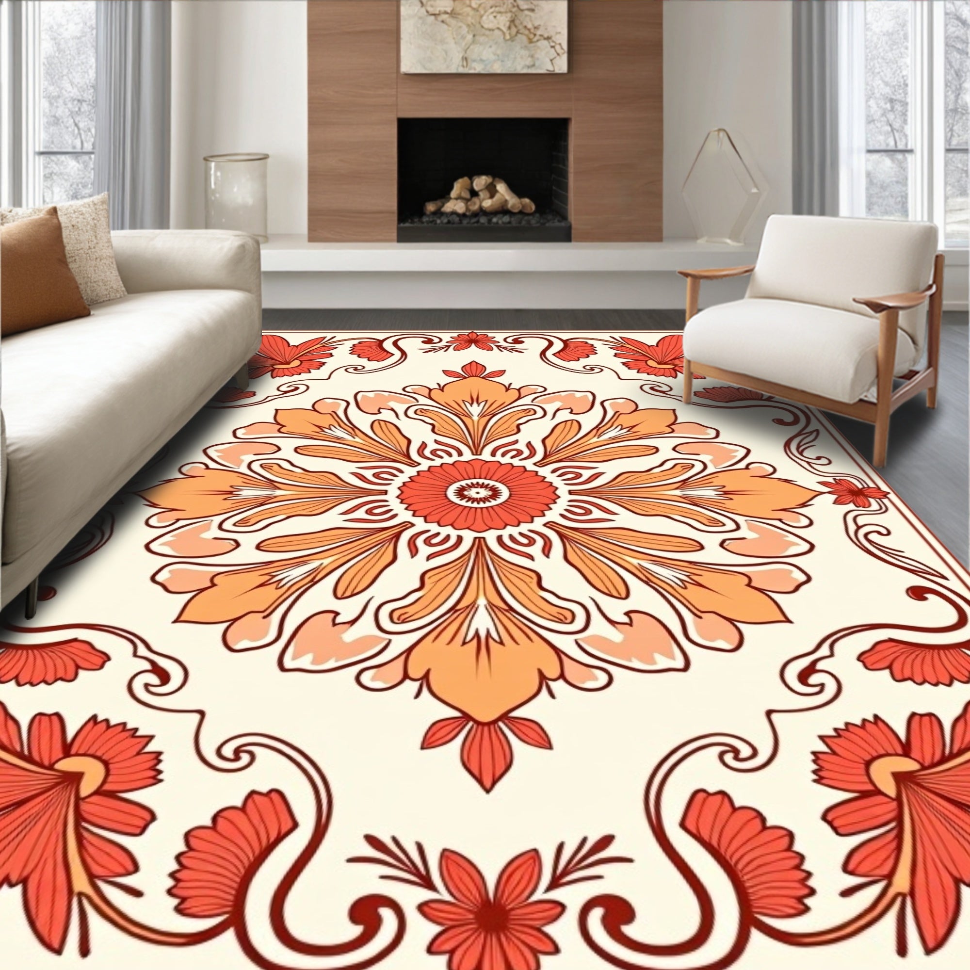 Crimson Orange Floral Medallion Border Rug