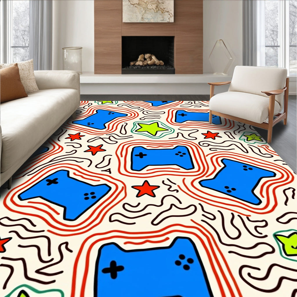 Blue Gaming Controller Red Contour Stars Rug