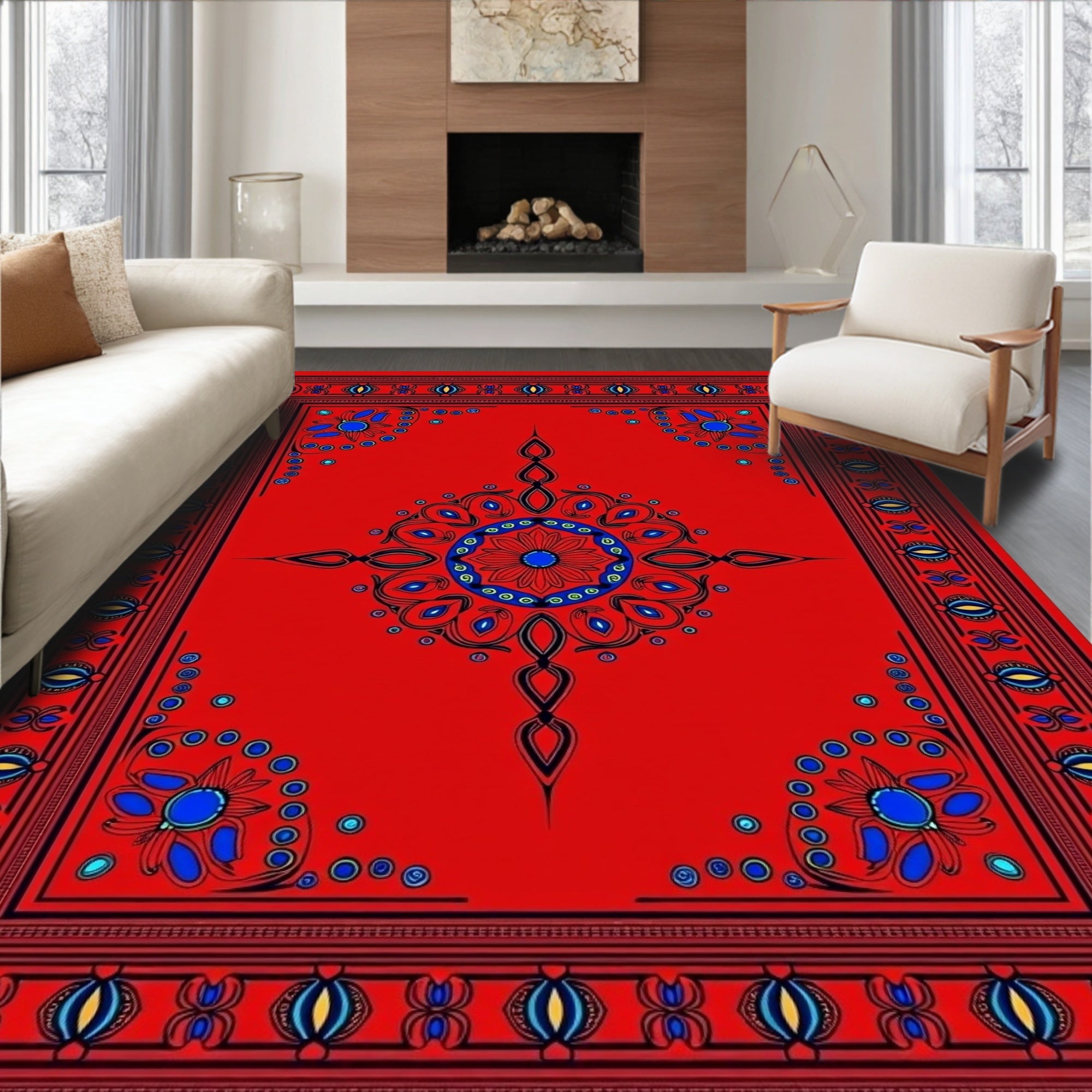 Bold Red Medallion Floral Border Rug