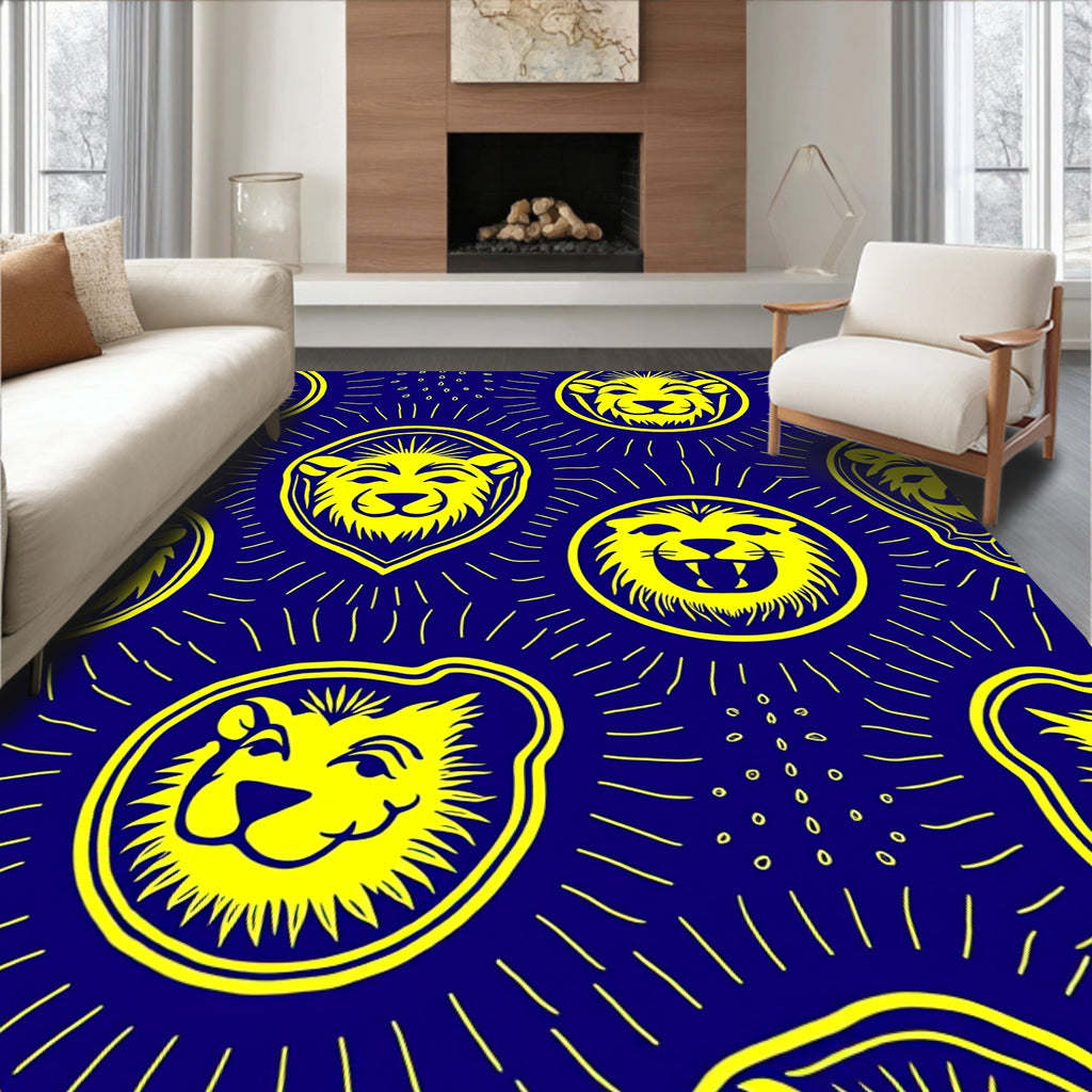 Bold Yellow Lion Faces Navy Field Rug