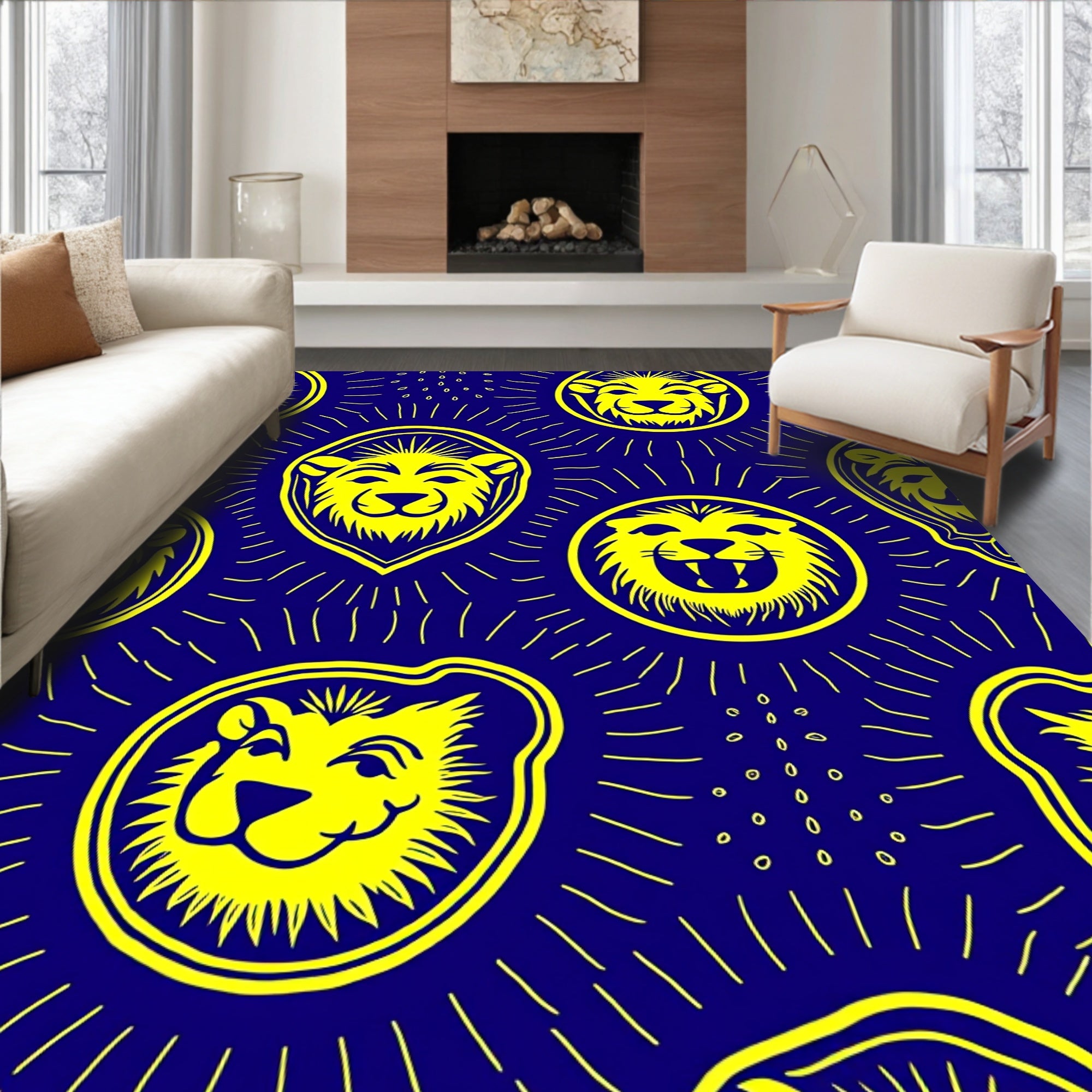 Bold Yellow Lion Faces Navy Field Rug