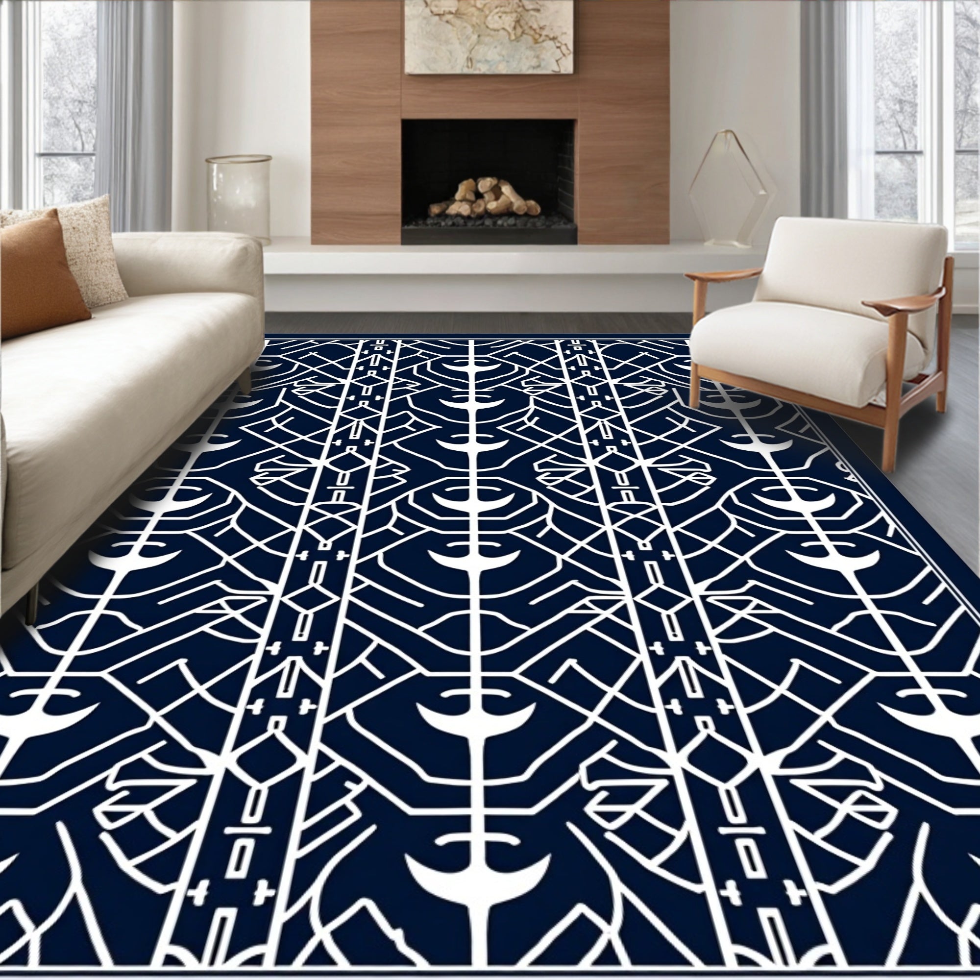 Navy White Geometric Art Deco Rug