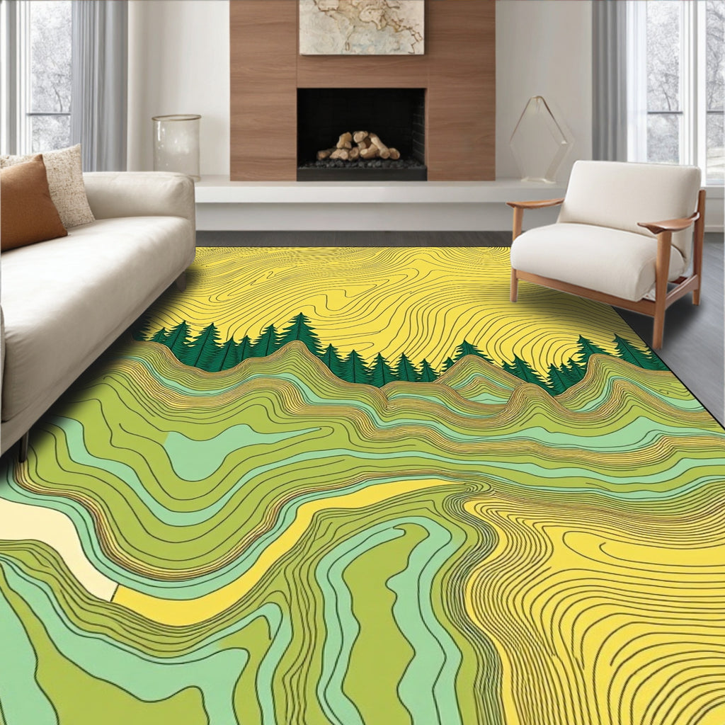 Green Yellow Topographic Forest Landscape Rug