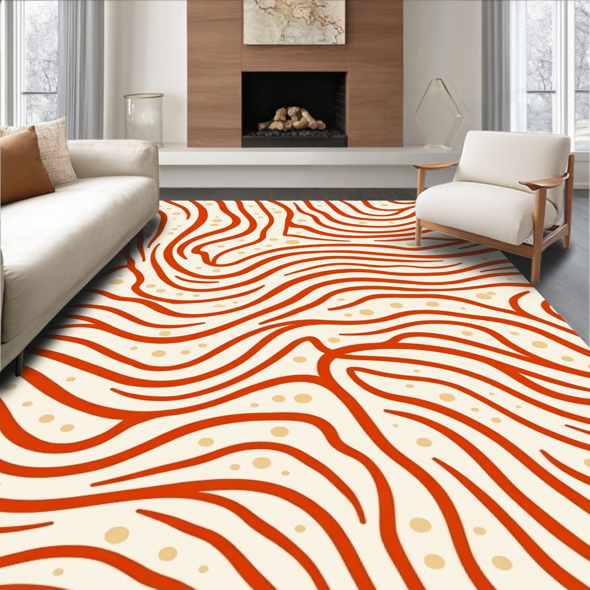 Crimson Wavy Lines Dots Rug