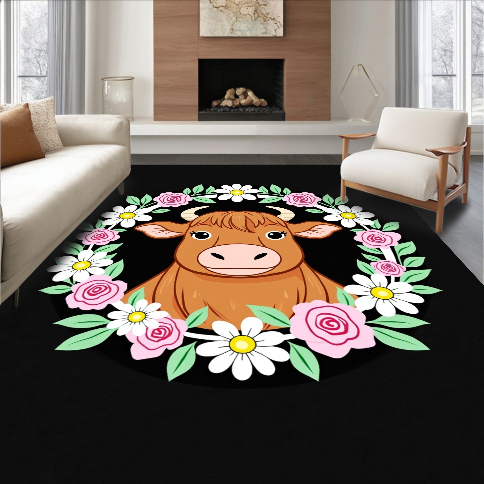 Brown Cow Floral Wreath Cute Art Rug
