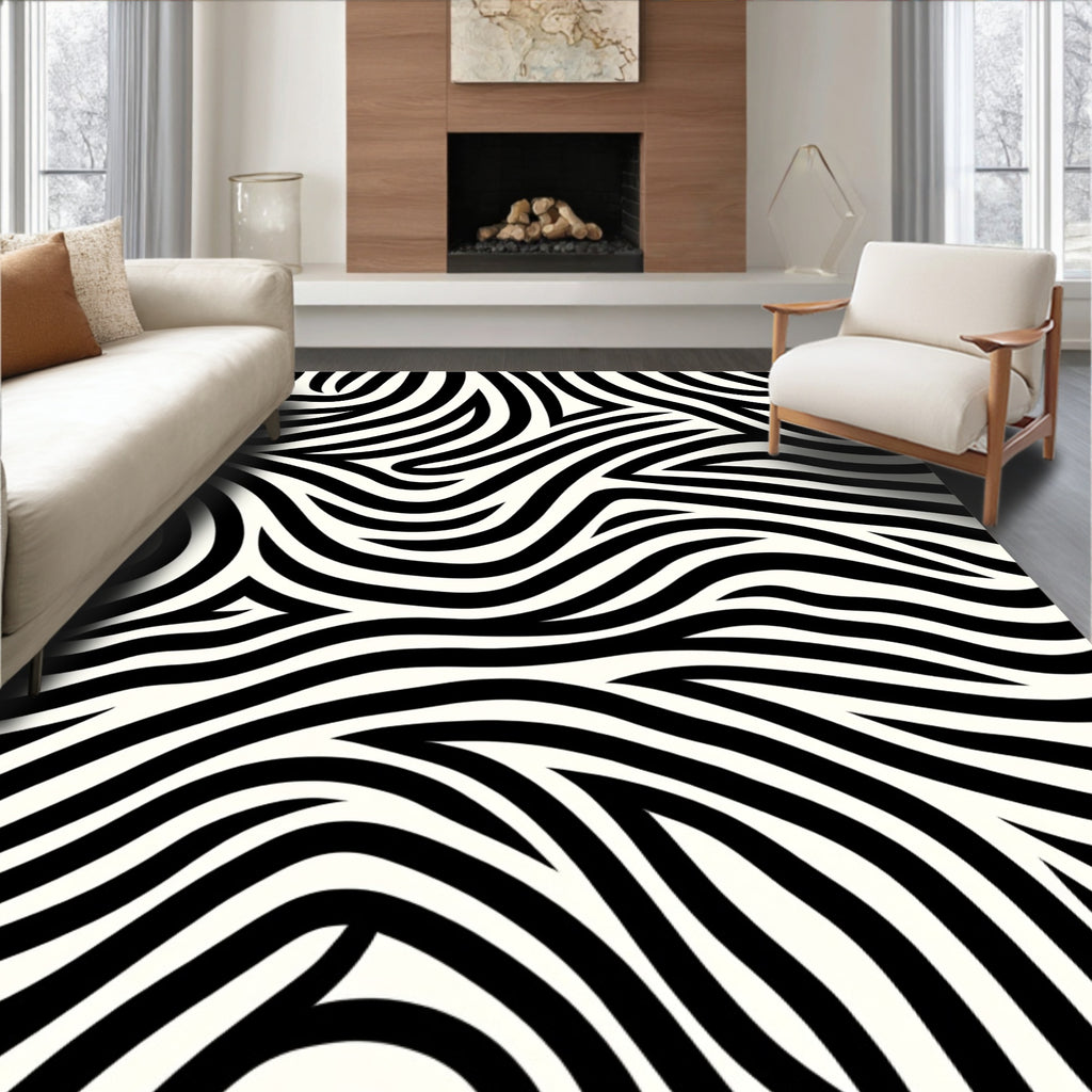 Black White Organic Abstract Lines Rug