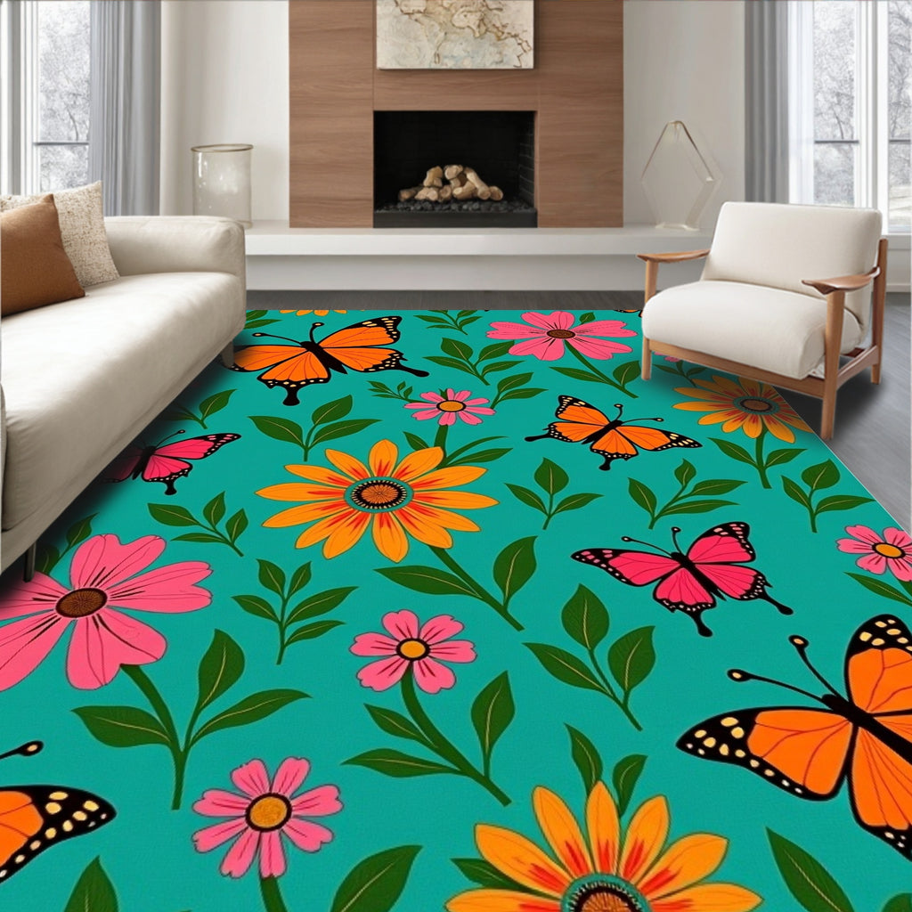 Vibrant Orange Pink Butterfly Floral Rug
