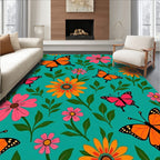 Vibrant Orange Pink Butterfly Floral Rug