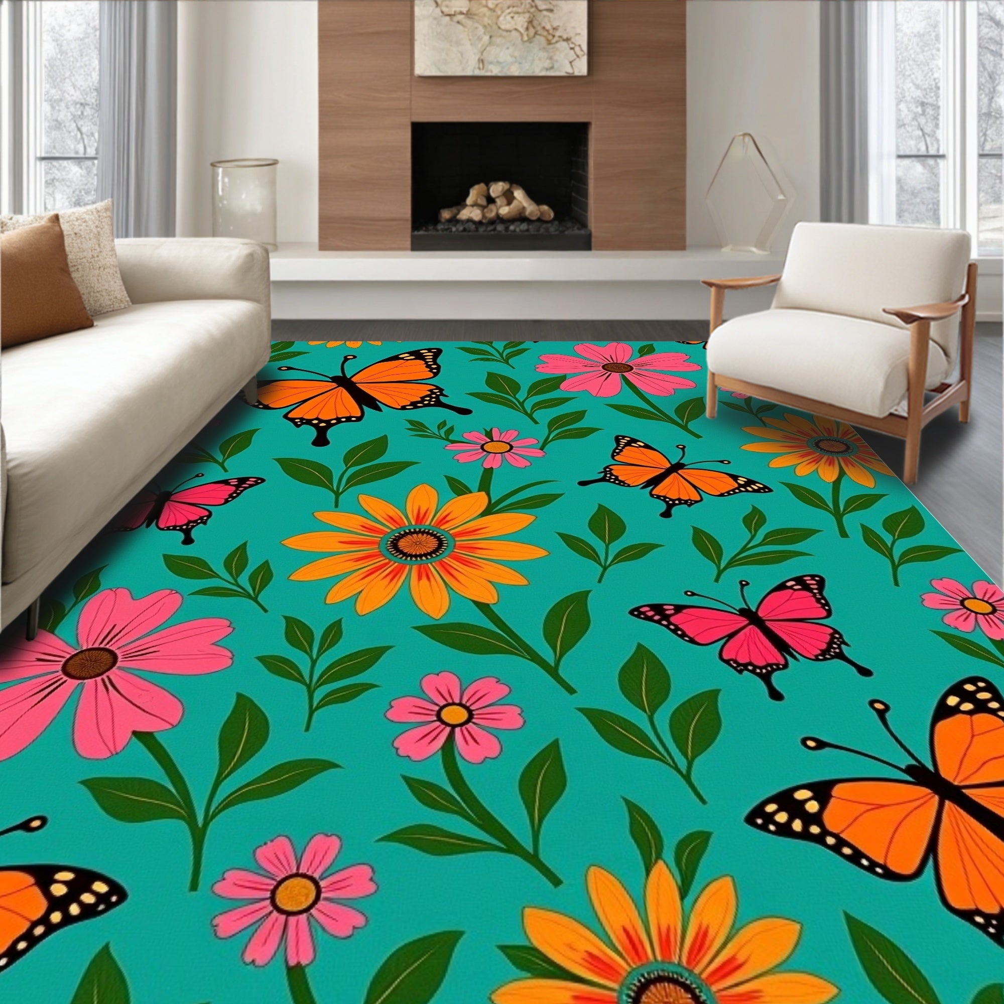 Vibrant Orange Pink Butterfly Floral Rug