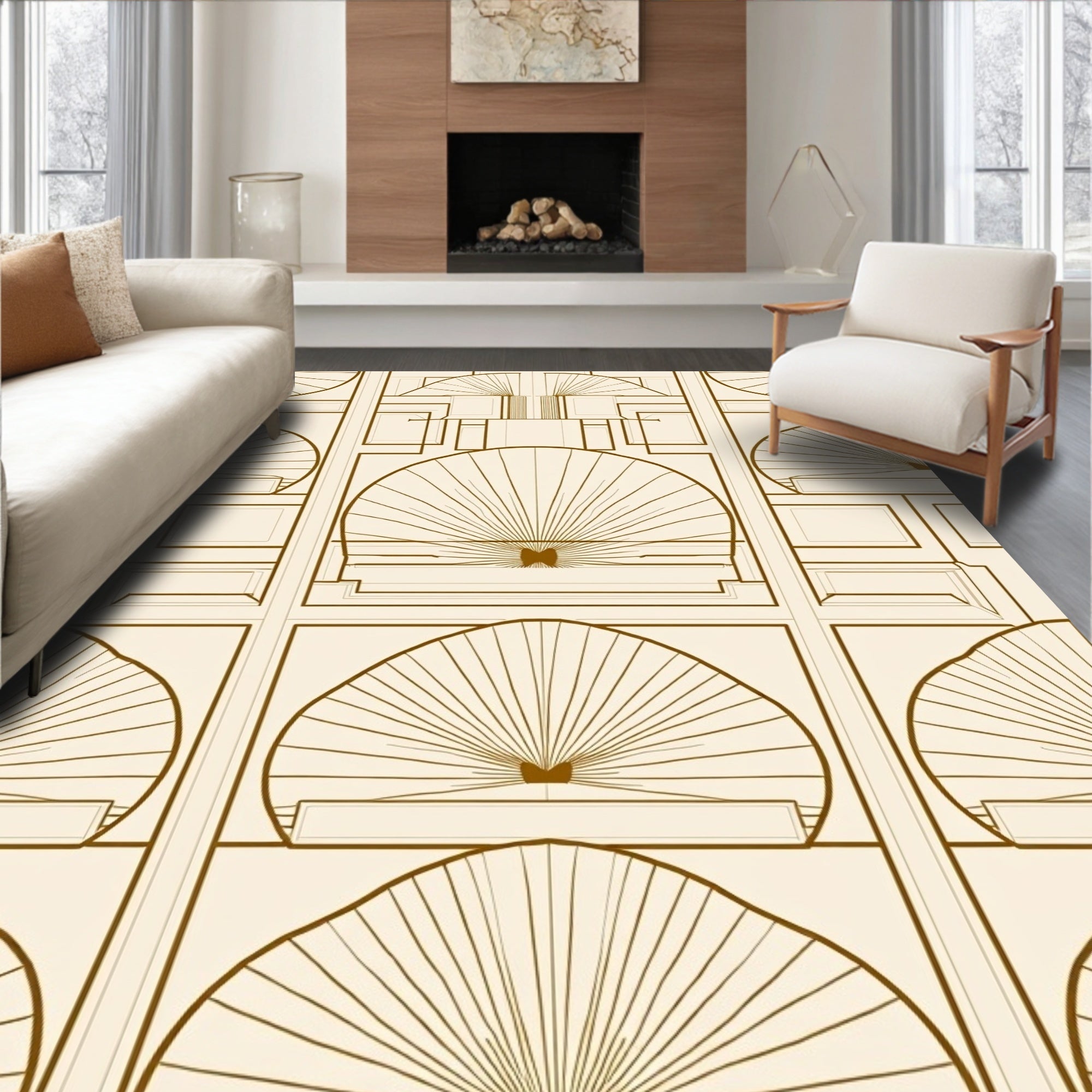 Cream Art Deco Fan Panels Rug