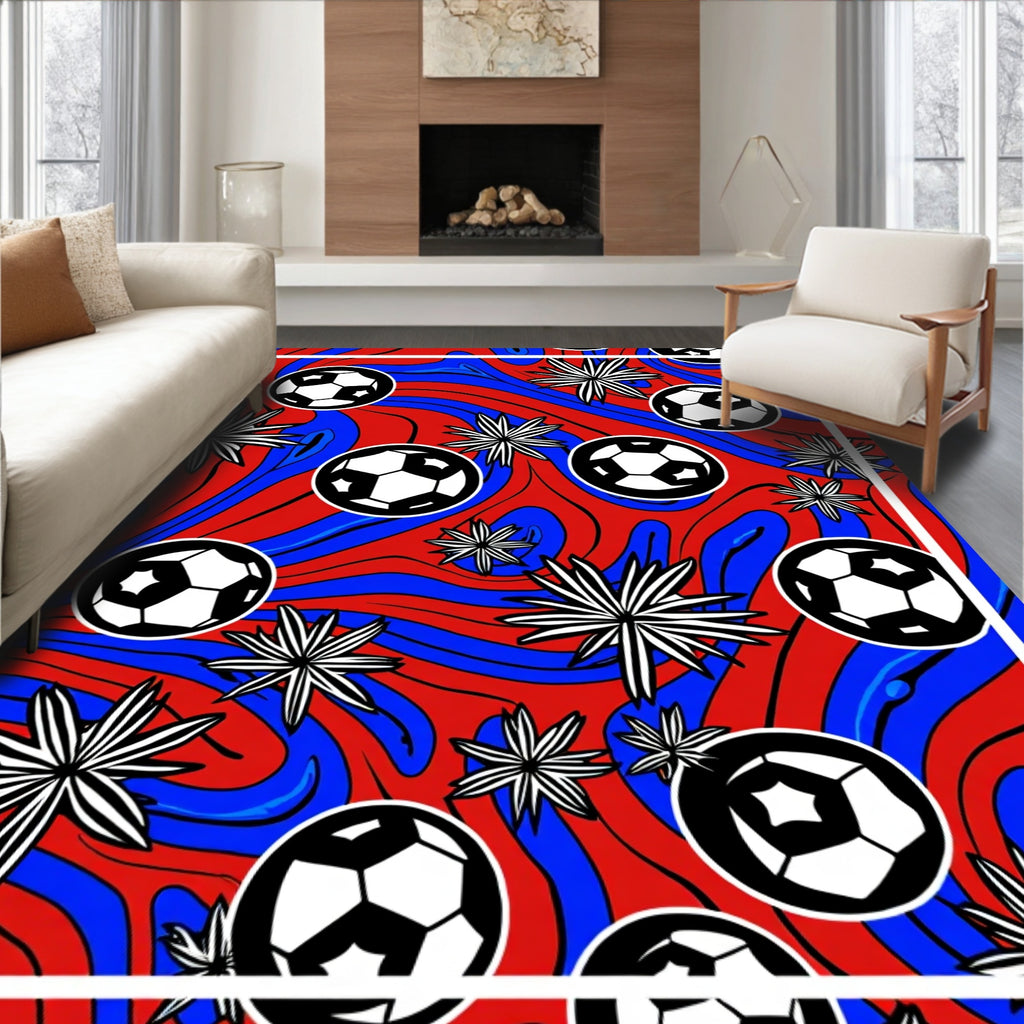 Red Blue Flowing Soccer Balls Abstract Rug