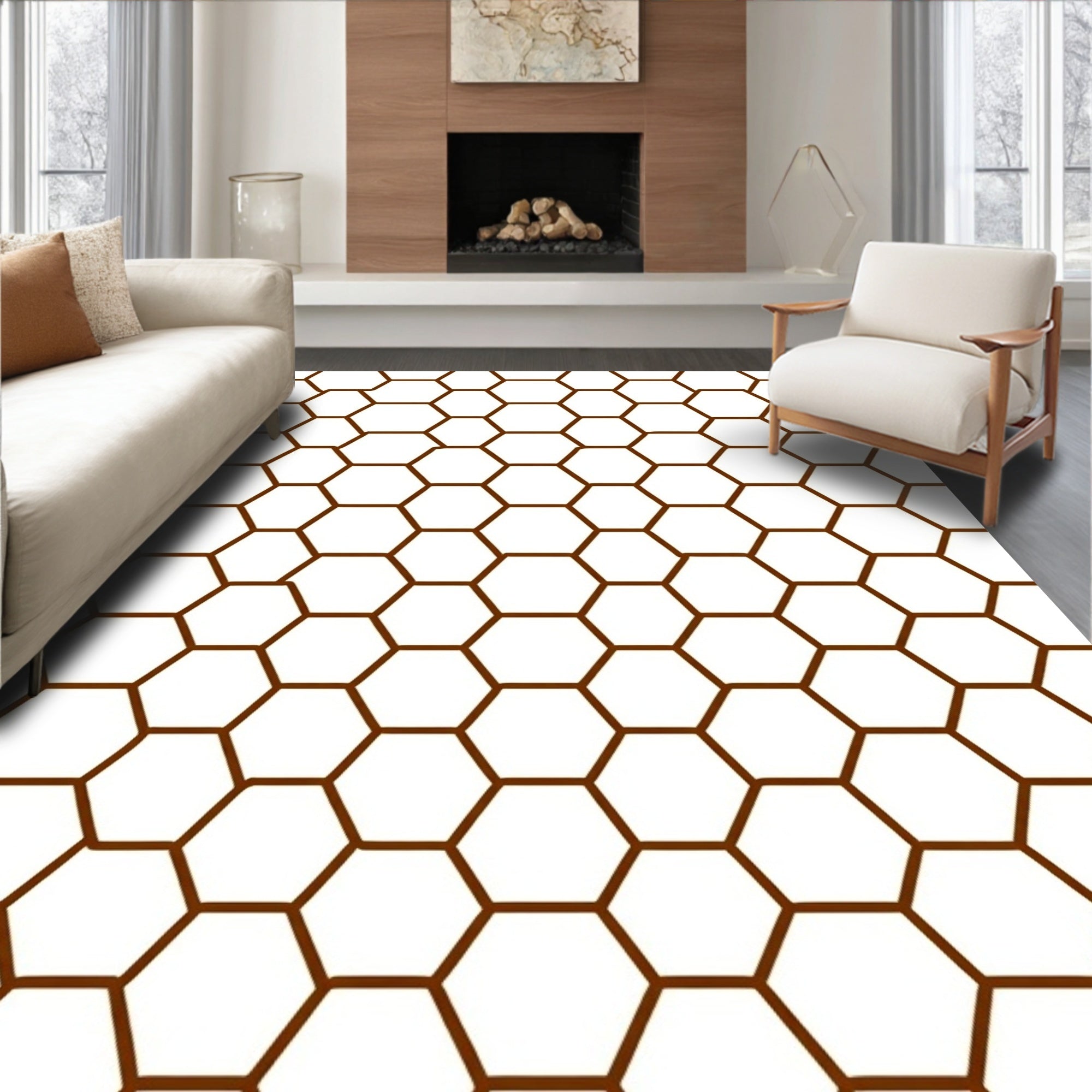 Brown Hexagon Grid Rug