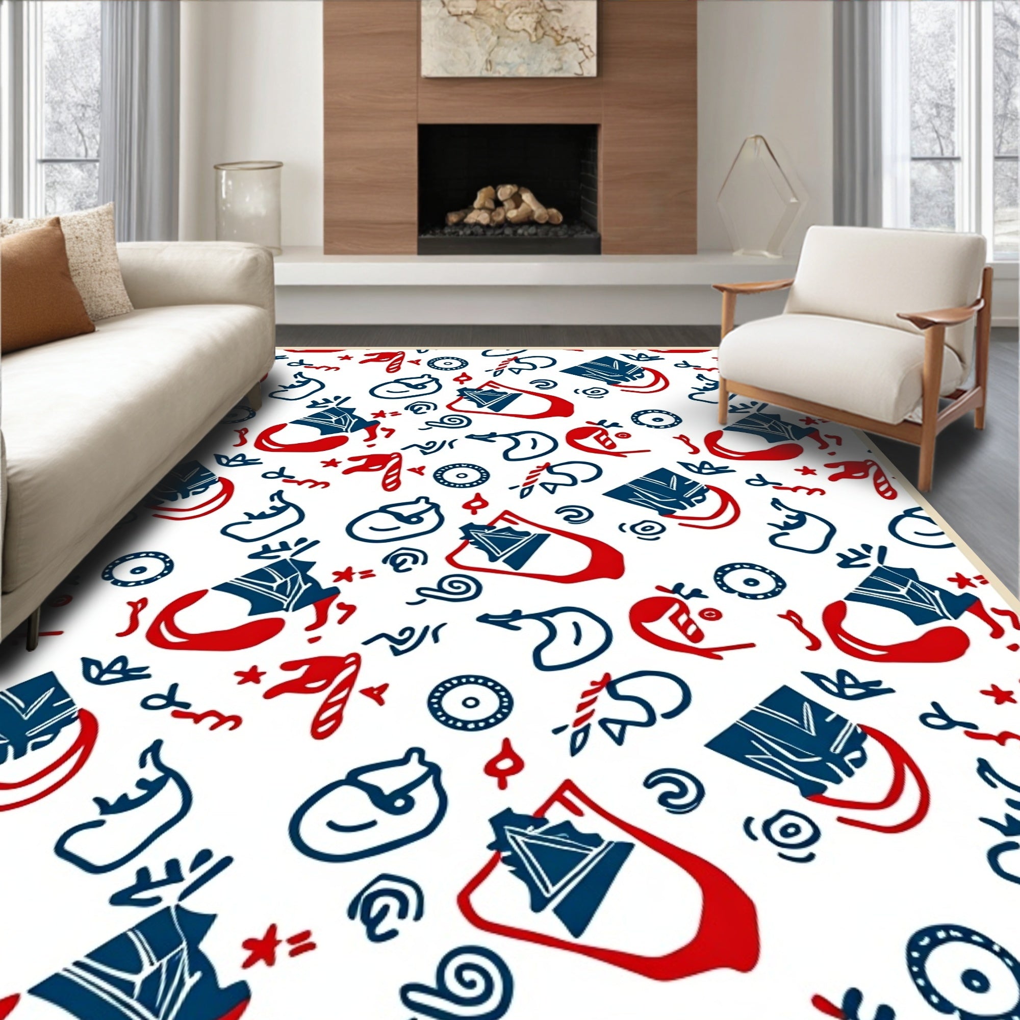 Festive Red Blue Whimsical Icons Rug