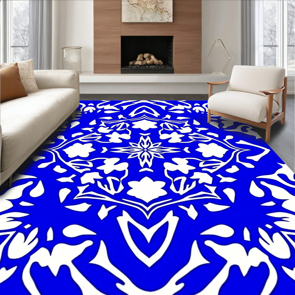 Vibrant Royal Blue Floral Symmetry Rug