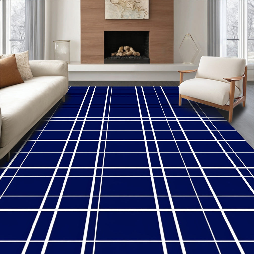 Classic Blue White Grid Lines Rug