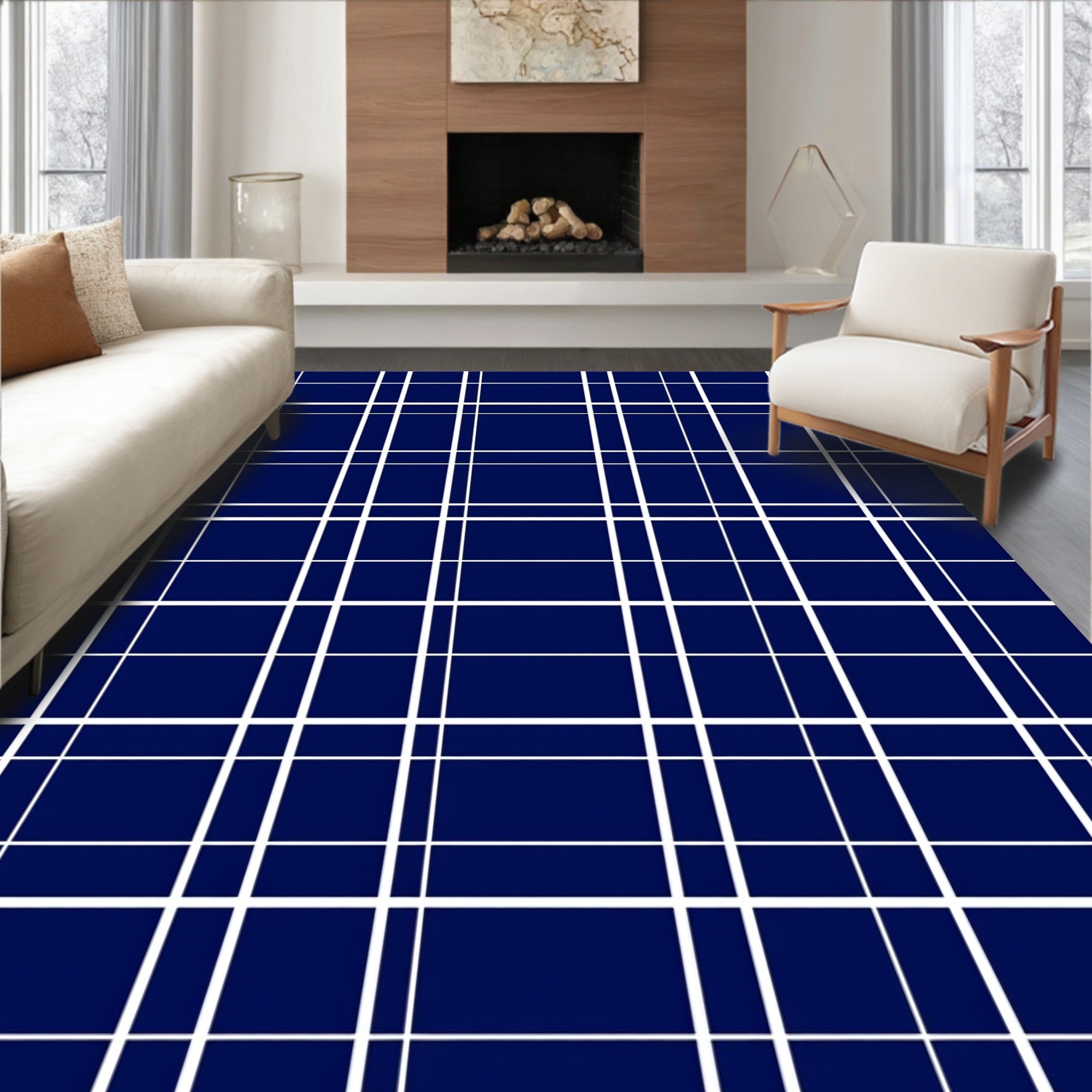 Classic Blue White Grid Lines Rug