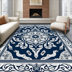 Deep Blue Ornate Floral Medallion Rug