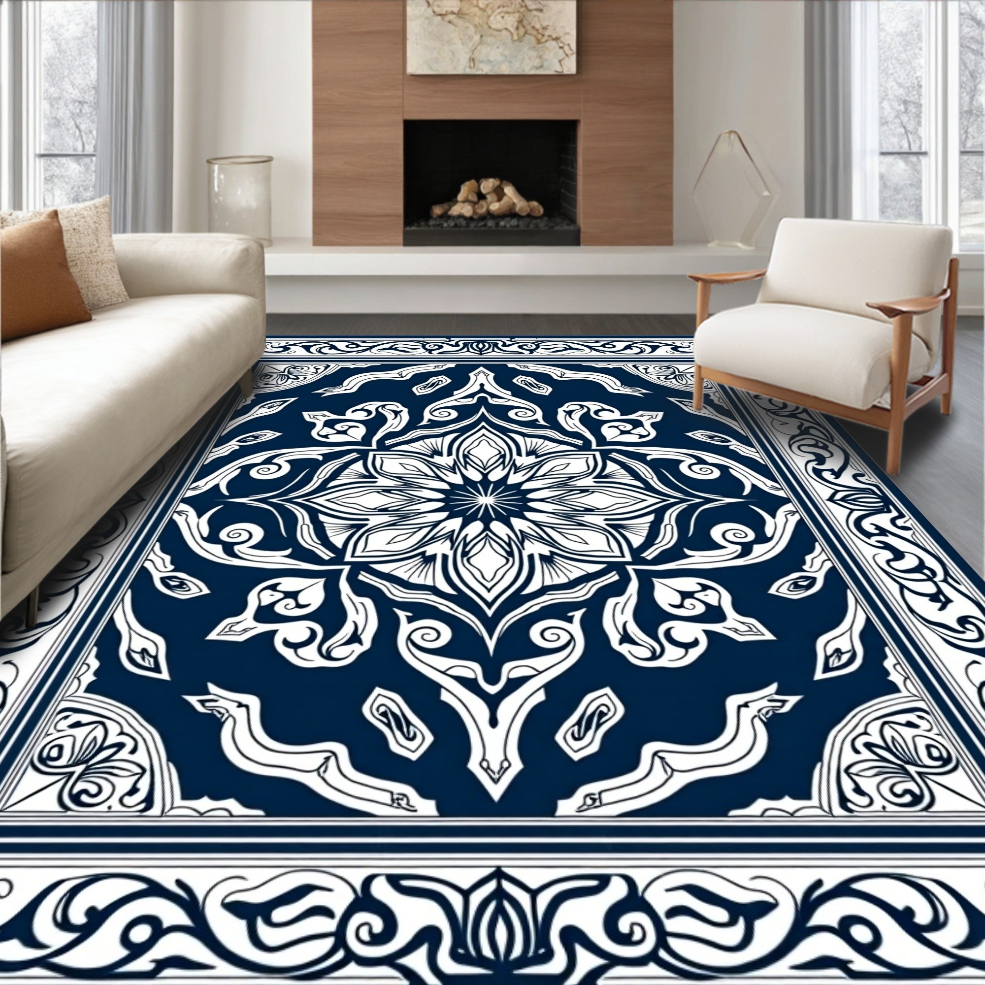 Deep Blue Ornate Floral Medallion Rug