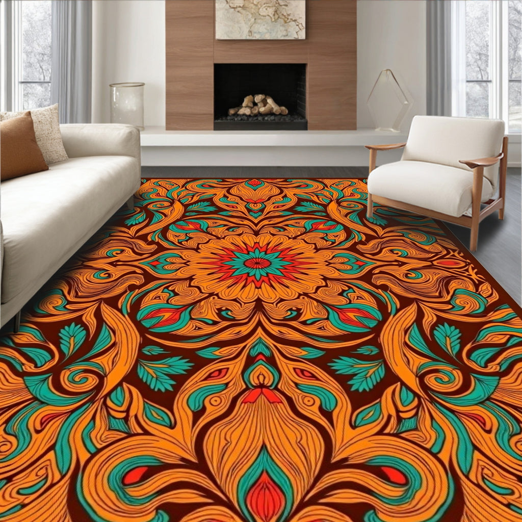 Orange Teal Floral Mandala Rug