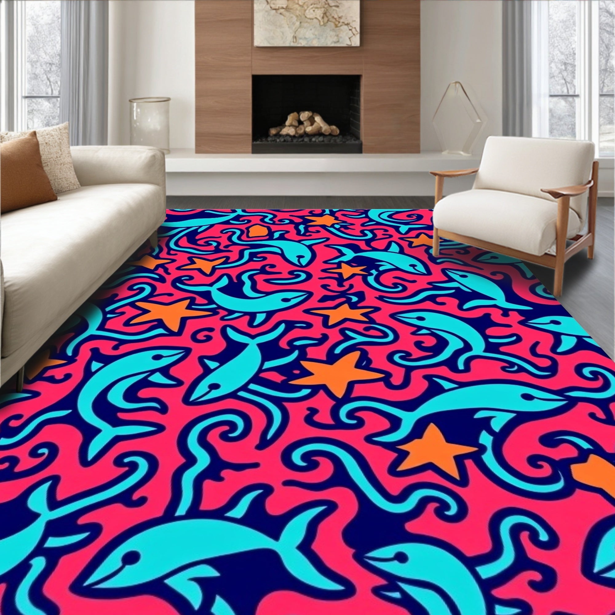 Coral Dolphins Stars Swirls Rug