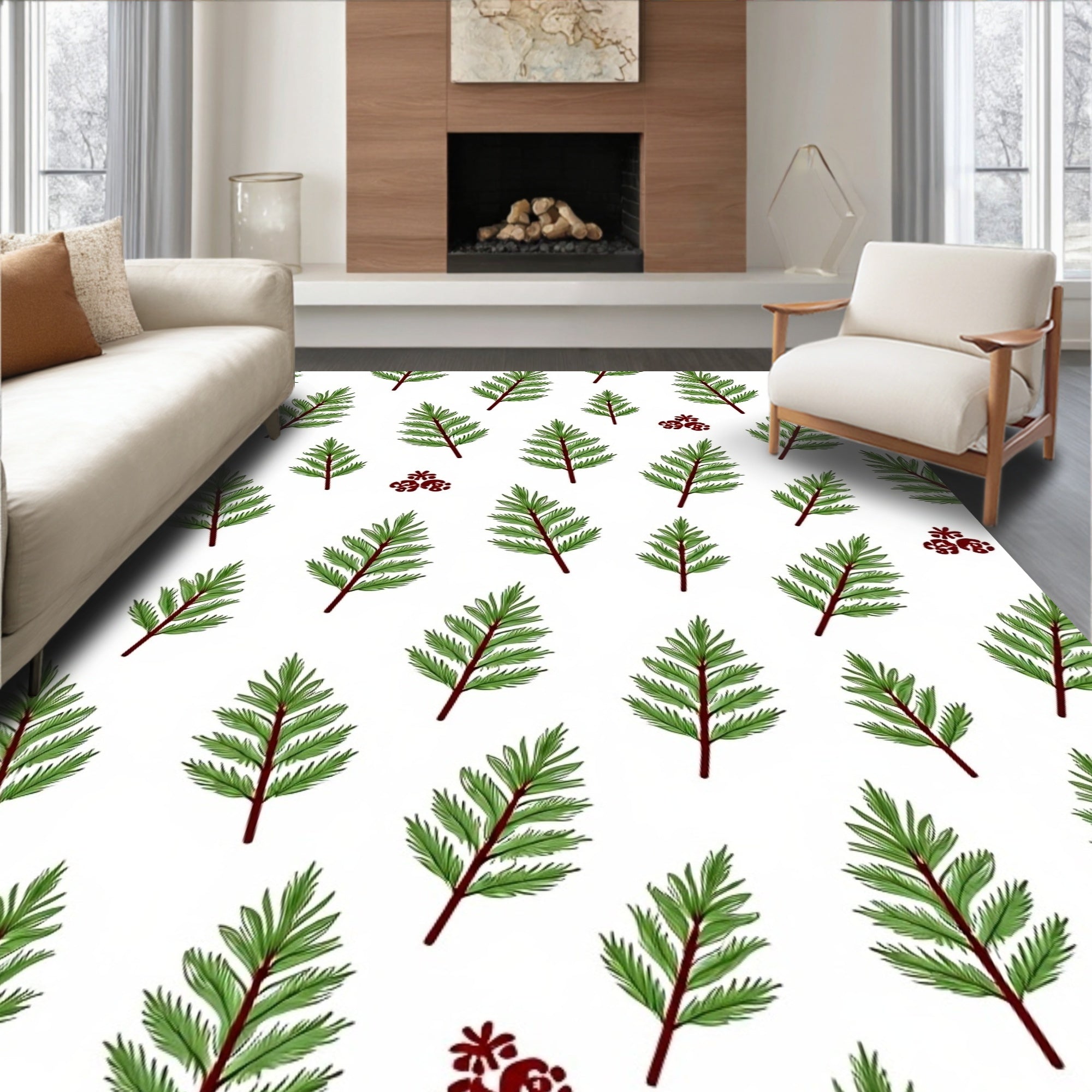 Green Fir Branches Red Berries Botanical Rug