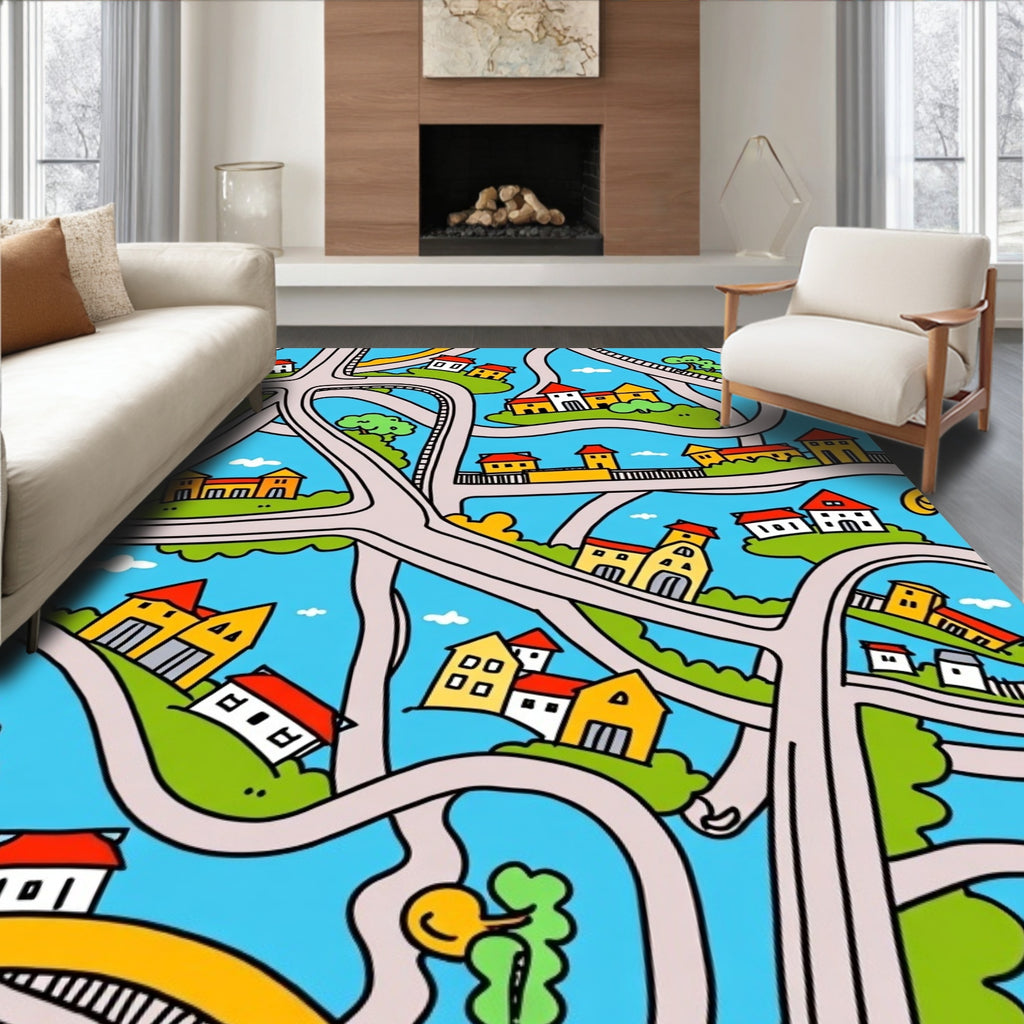 Whimsical Cityscape with Colorful Houses Rug