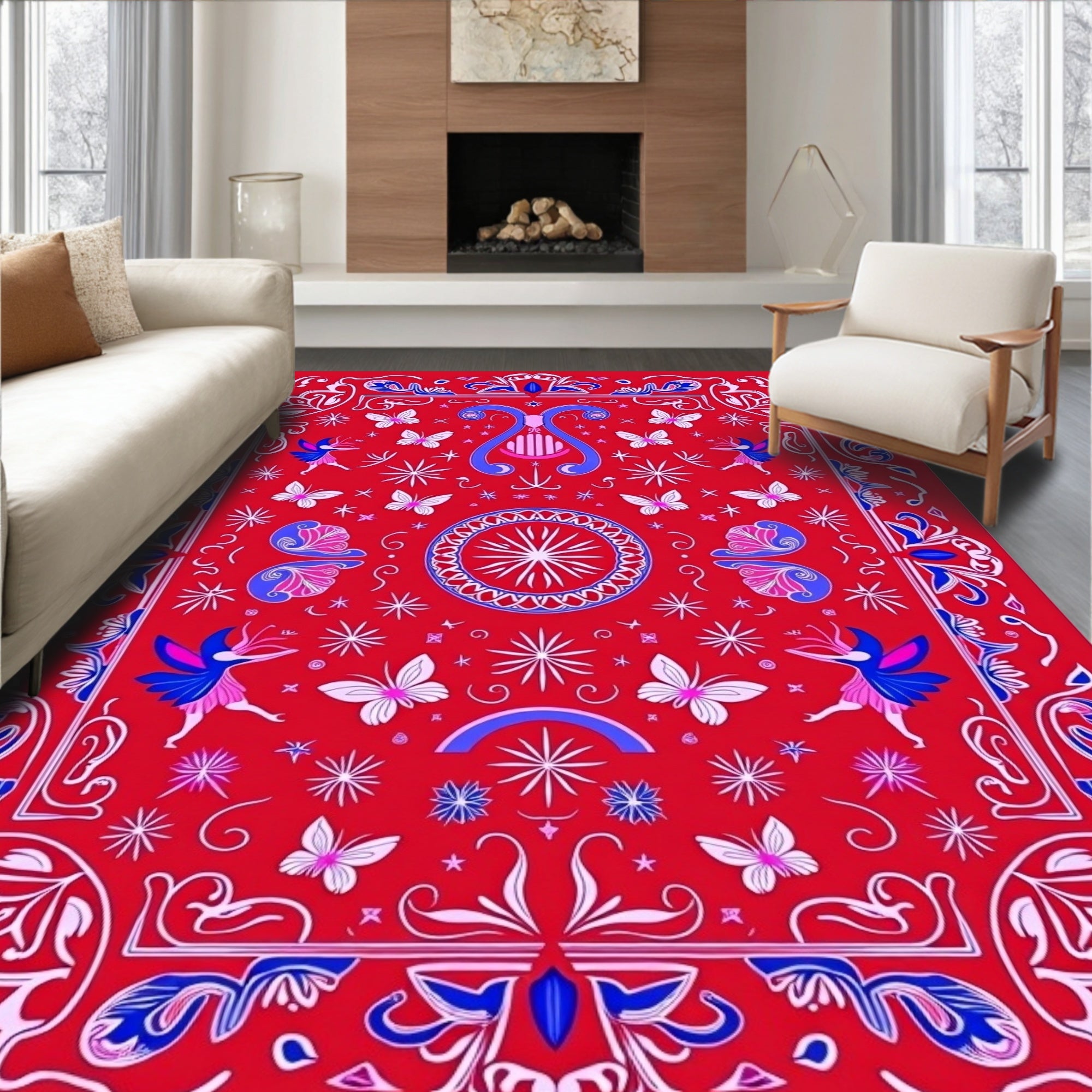 Whimsical Red Fairy Butterfly Garden Rug