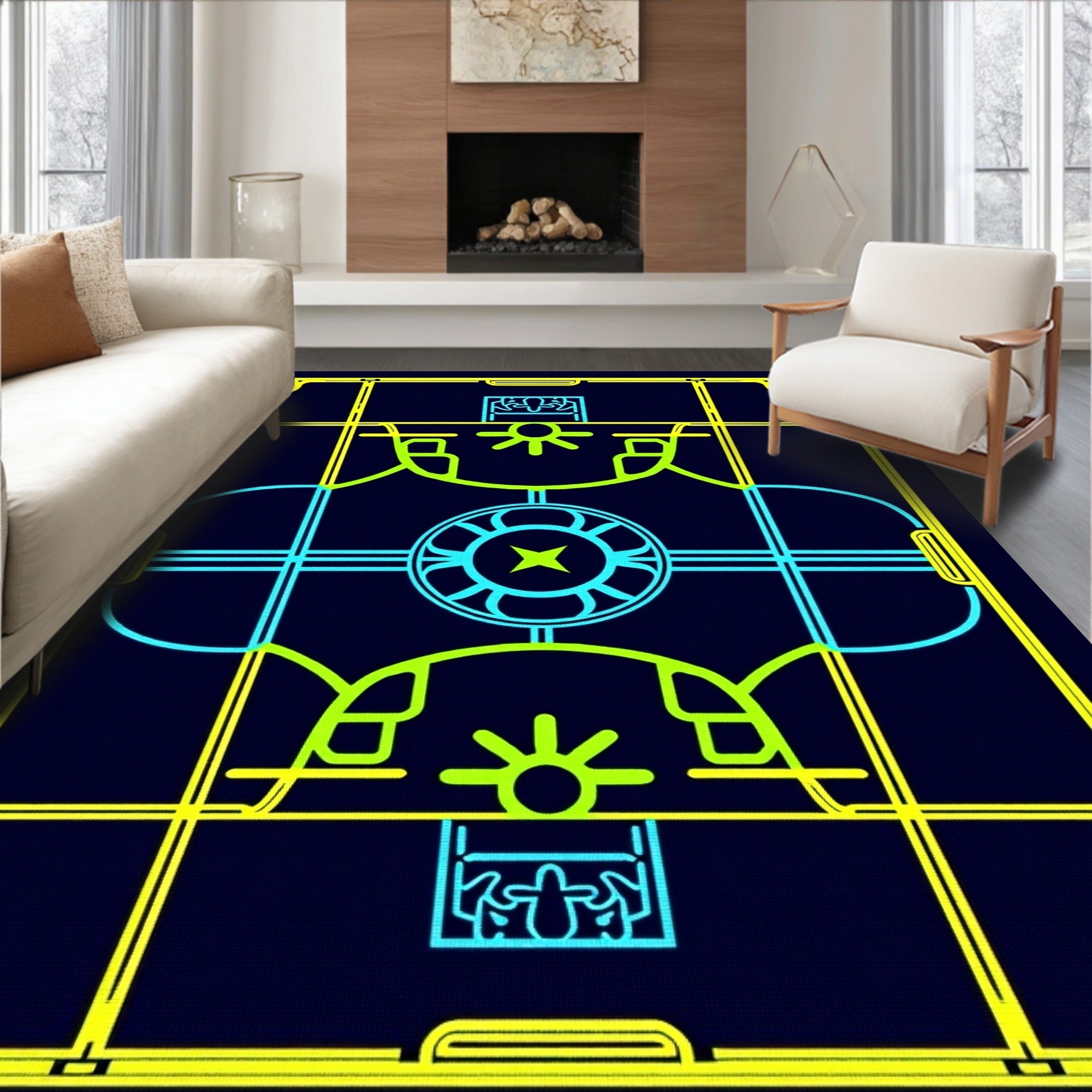 Retro Futuristic Neon Geometric Mandala Rug