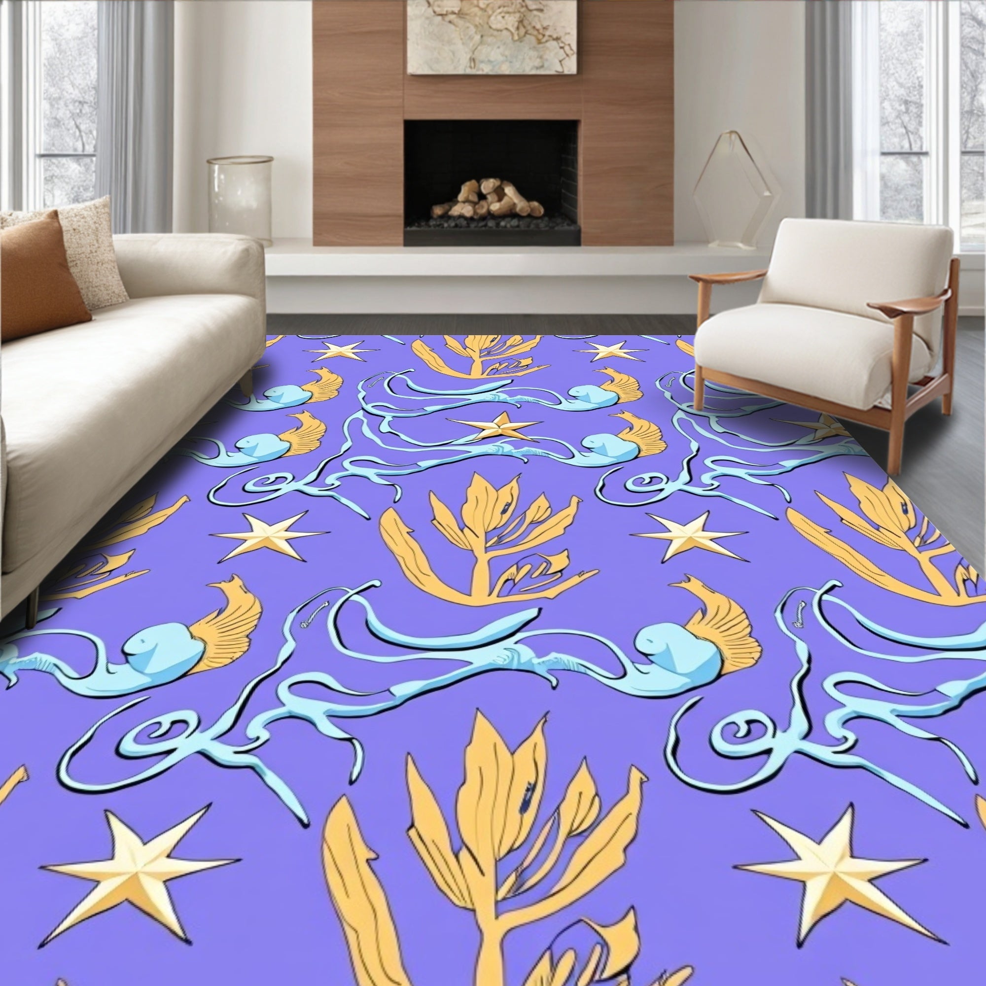 Golden Star Blue Swirls Yellow Leaves Rug