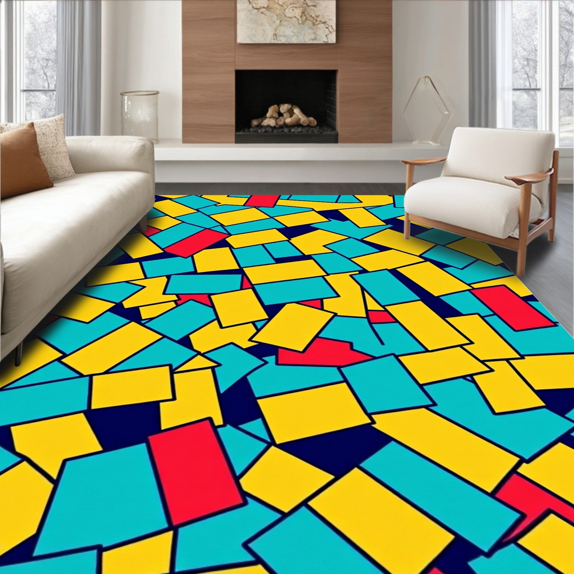Bold Blue Red Yellow Rectangles Abstract Rug