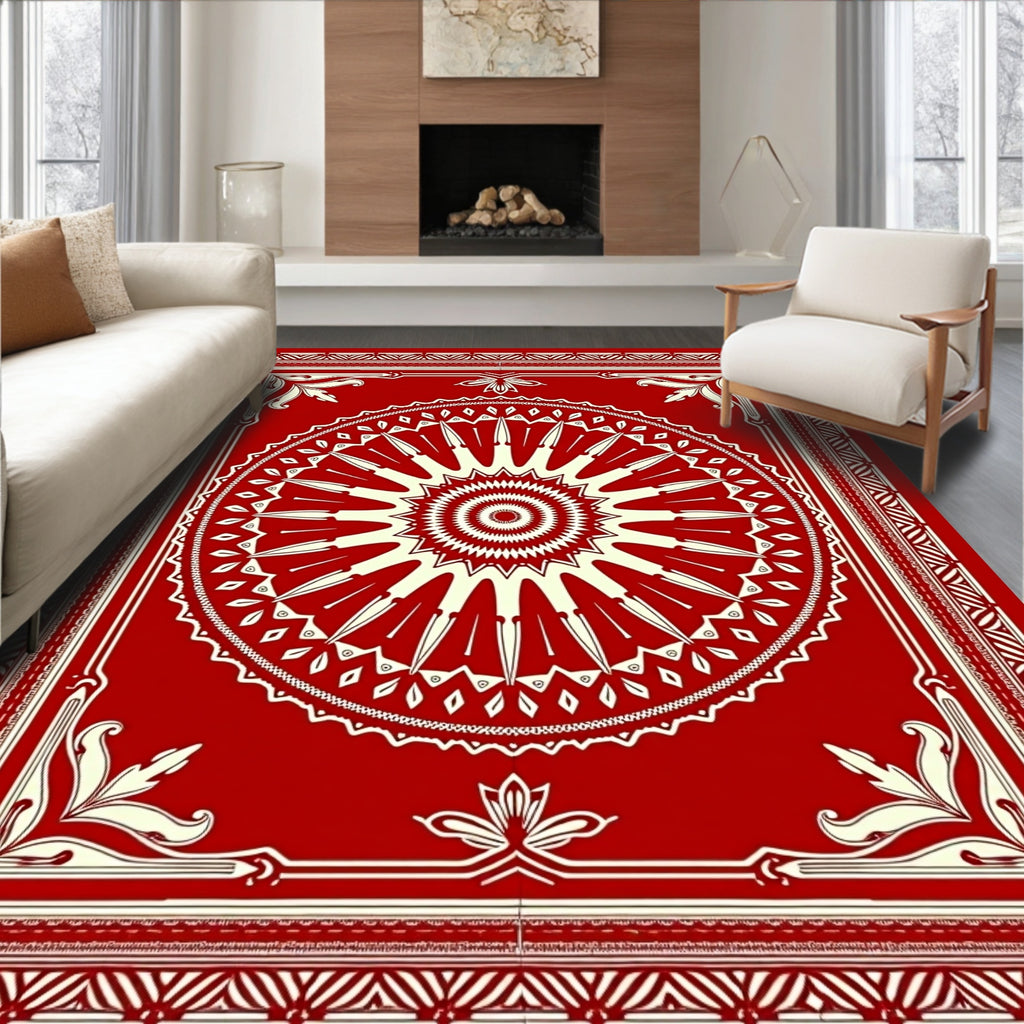 Crimson Sunburst Bordered Medallion Rug