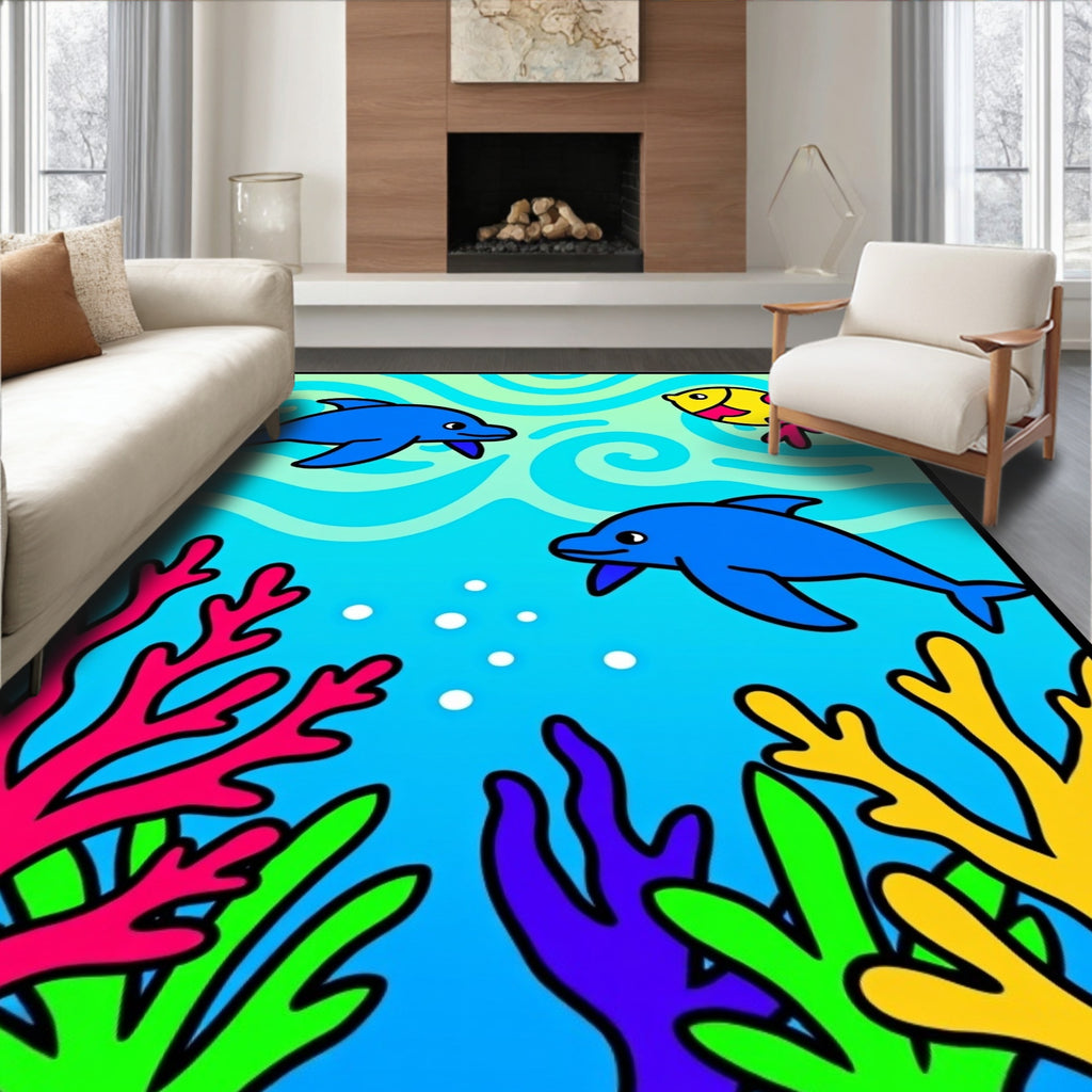 Blue Dolphins Coral Reef Underwater Scene Rug