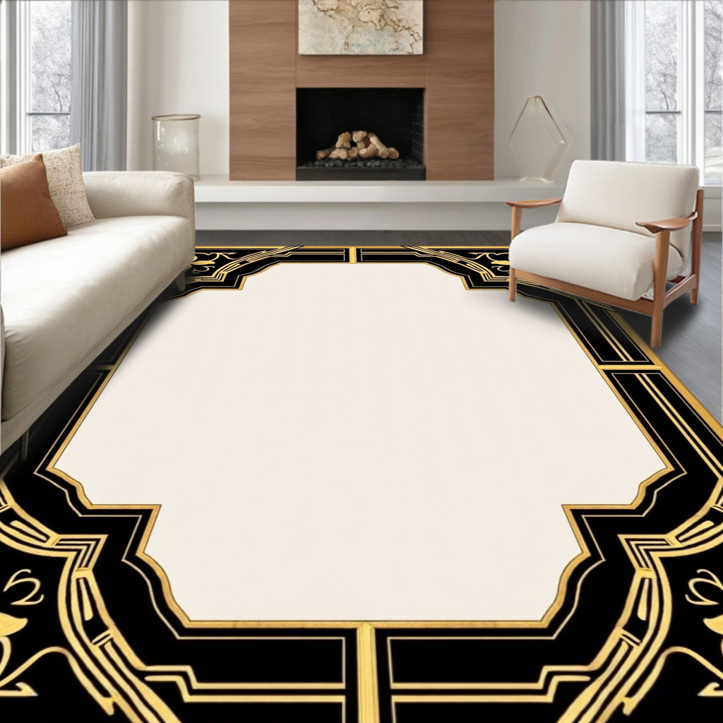 Art Deco Black Gold Floral Frame Rug