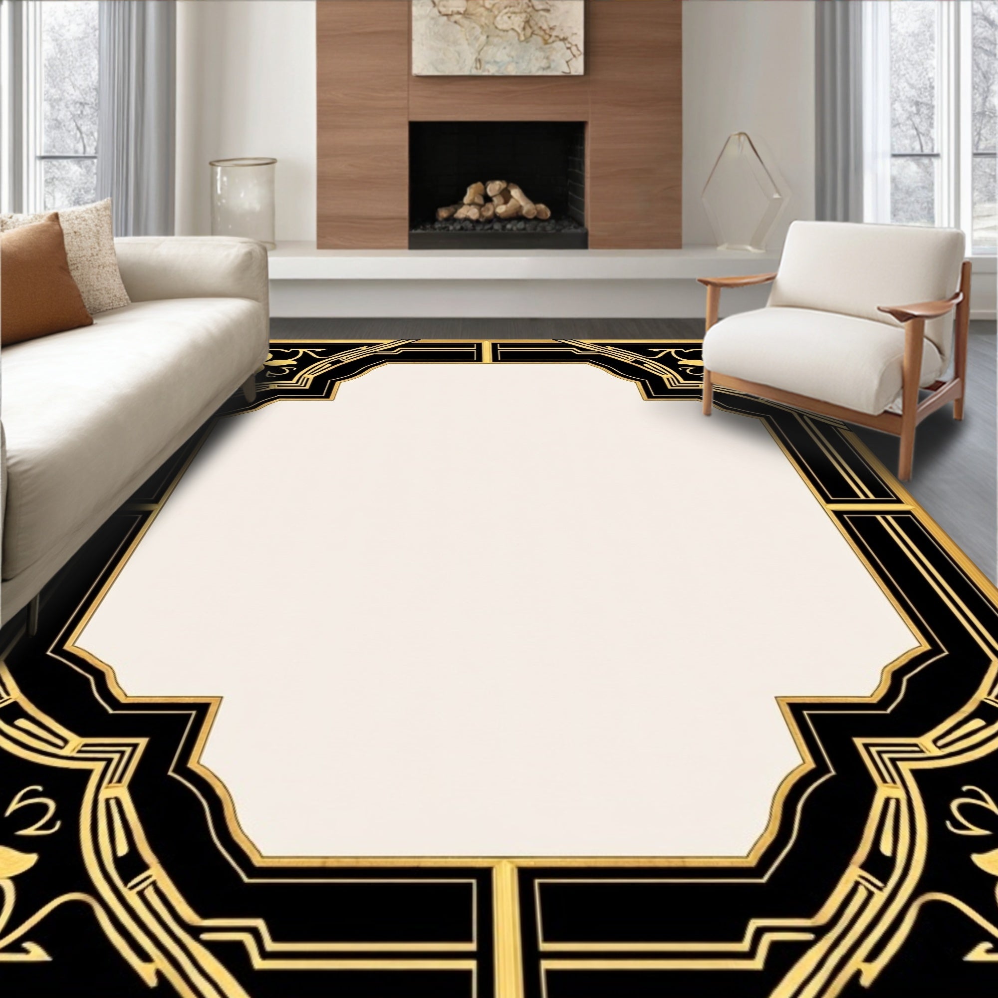 Art Deco Black Gold Floral Frame Rug