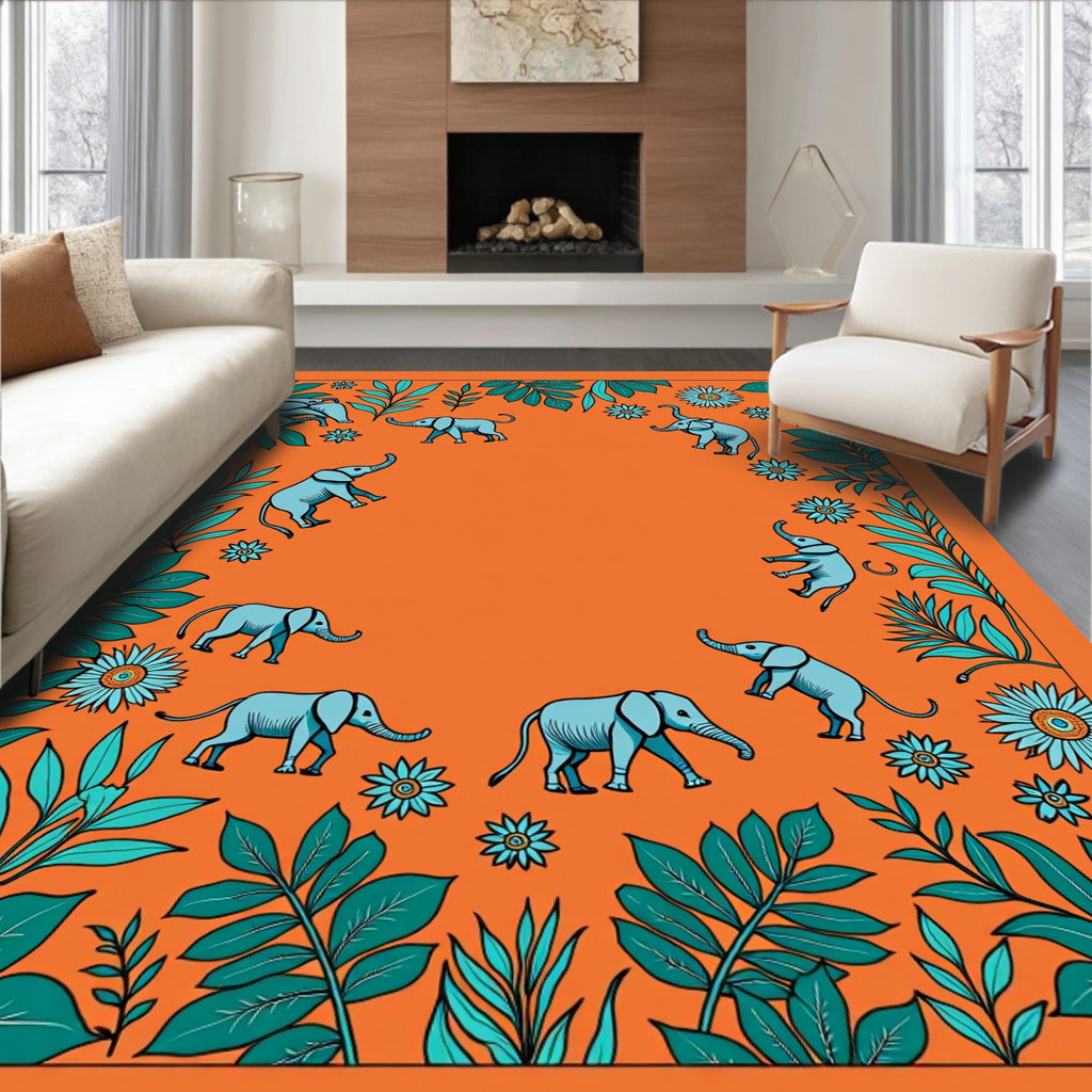 Whimsical Elephants Teal Foliage Orange Background Rug