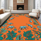 Whimsical Elephants Teal Foliage Orange Background Rug