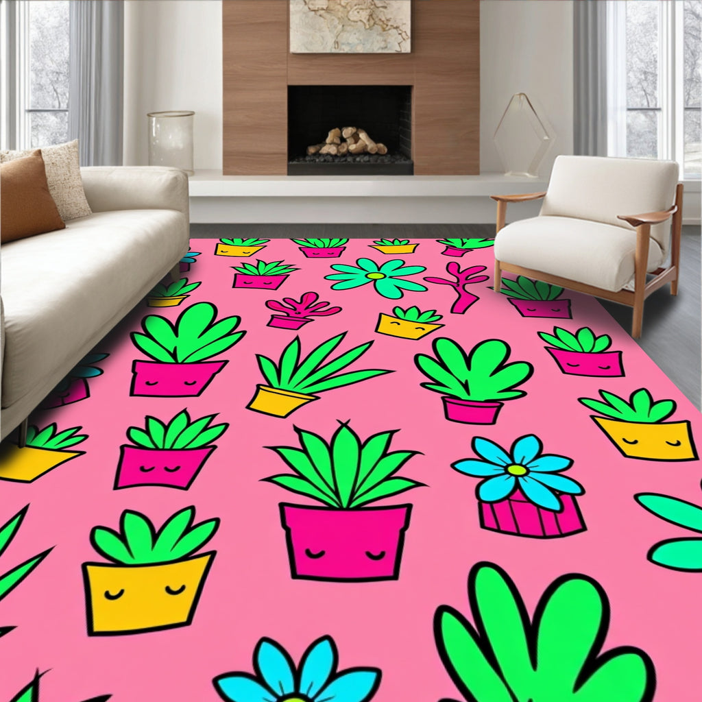 Pink Potted Plants and Flowers Rug