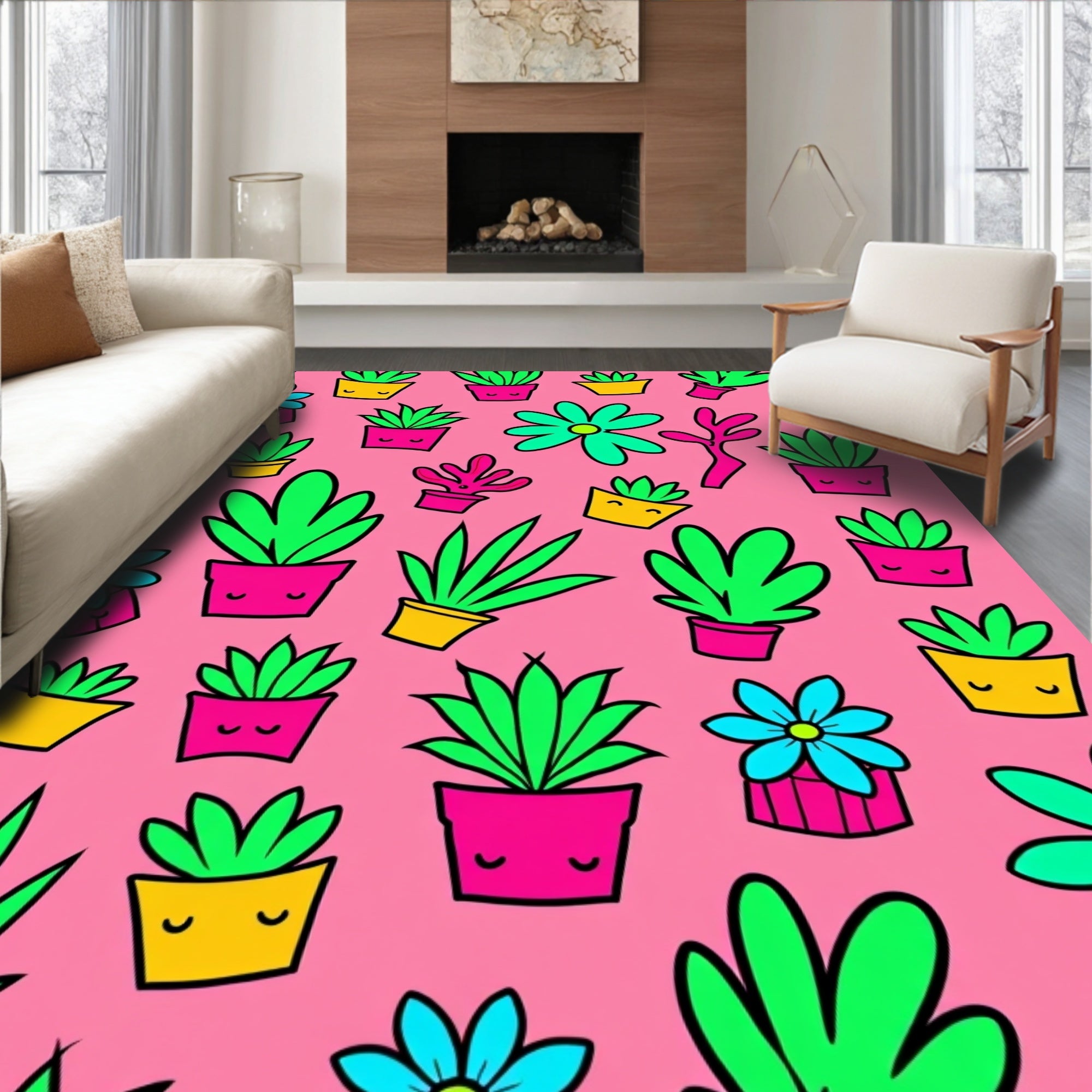 Pink Potted Plants and Flowers Rug