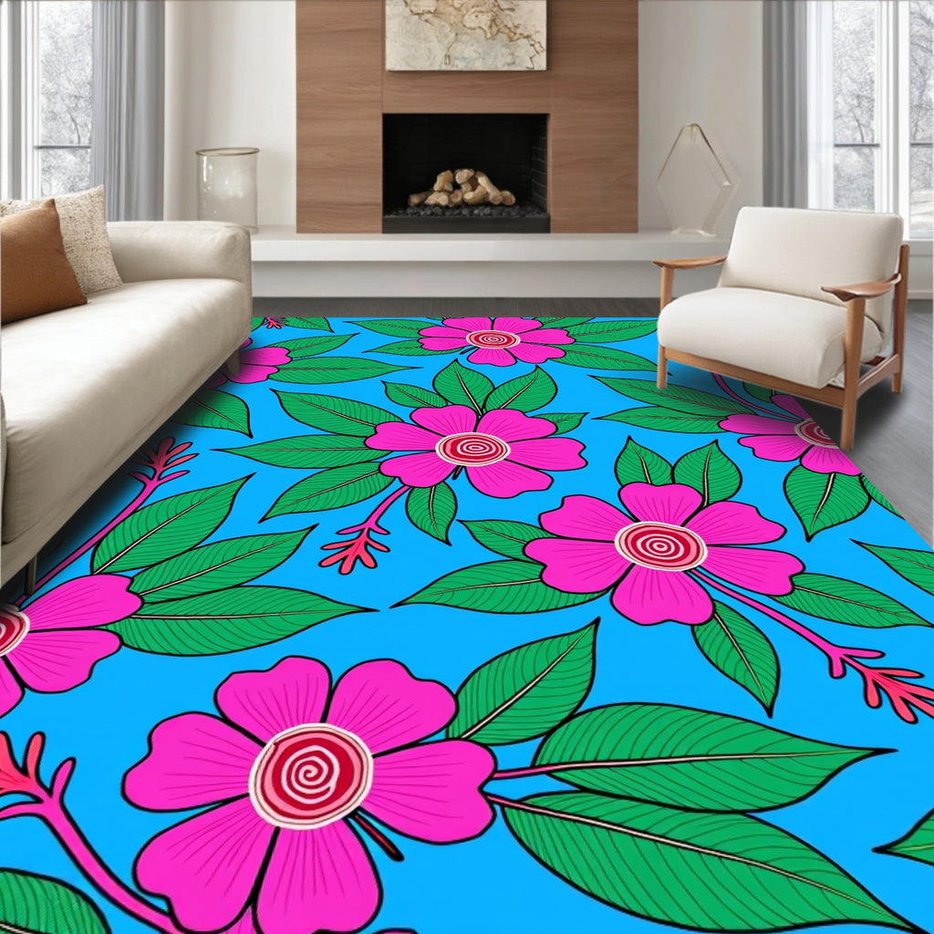 Vibrant Pink Floral Tropical Foliage Rug