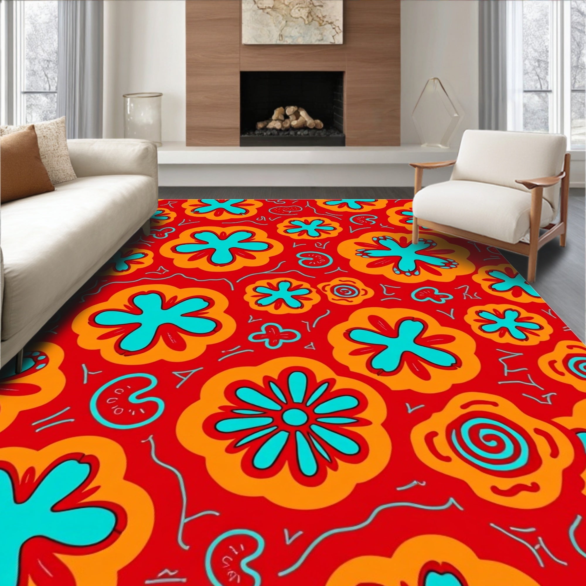 Vibrant Red Orange Floral Medley Rug