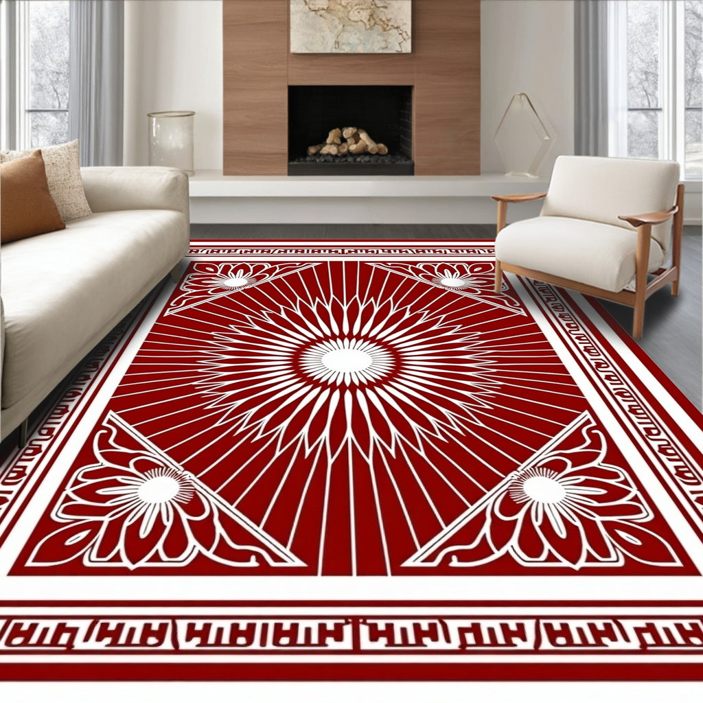 Crimson Floral Sunburst Bordered Rug