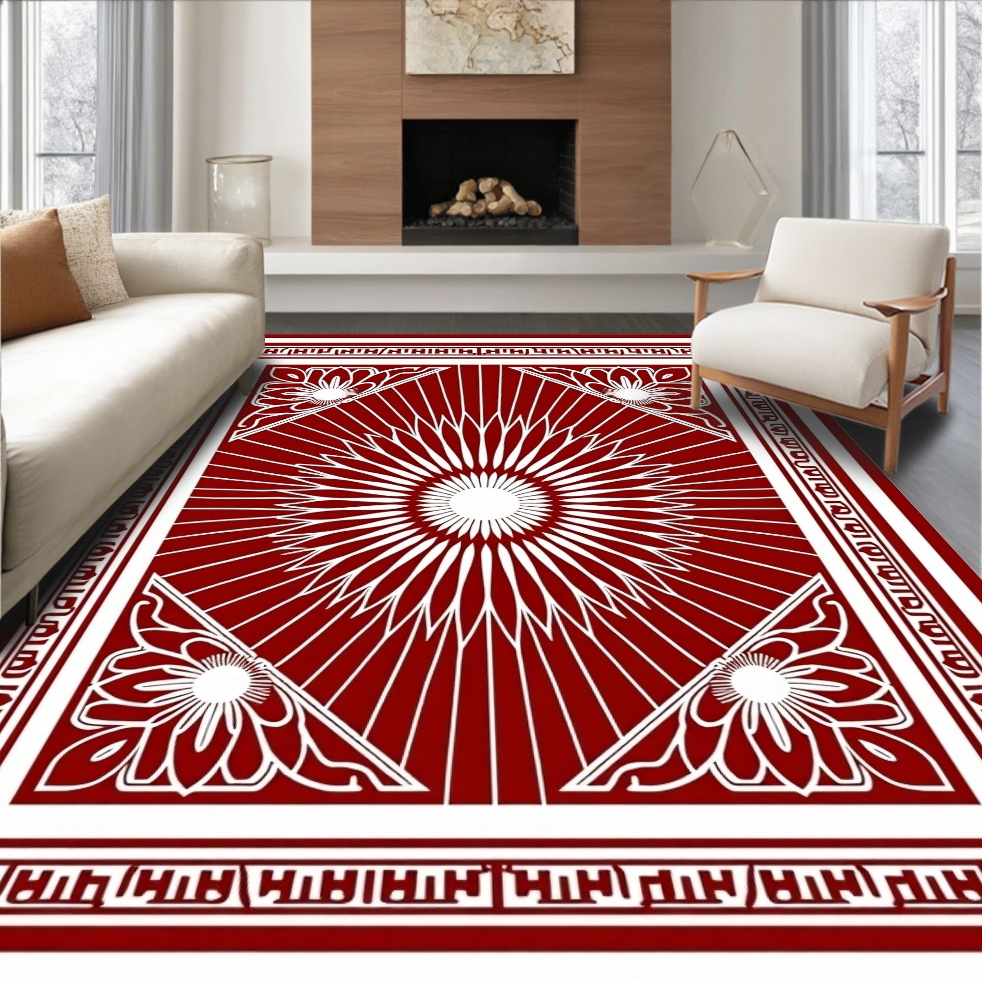 Crimson Floral Sunburst Bordered Rug