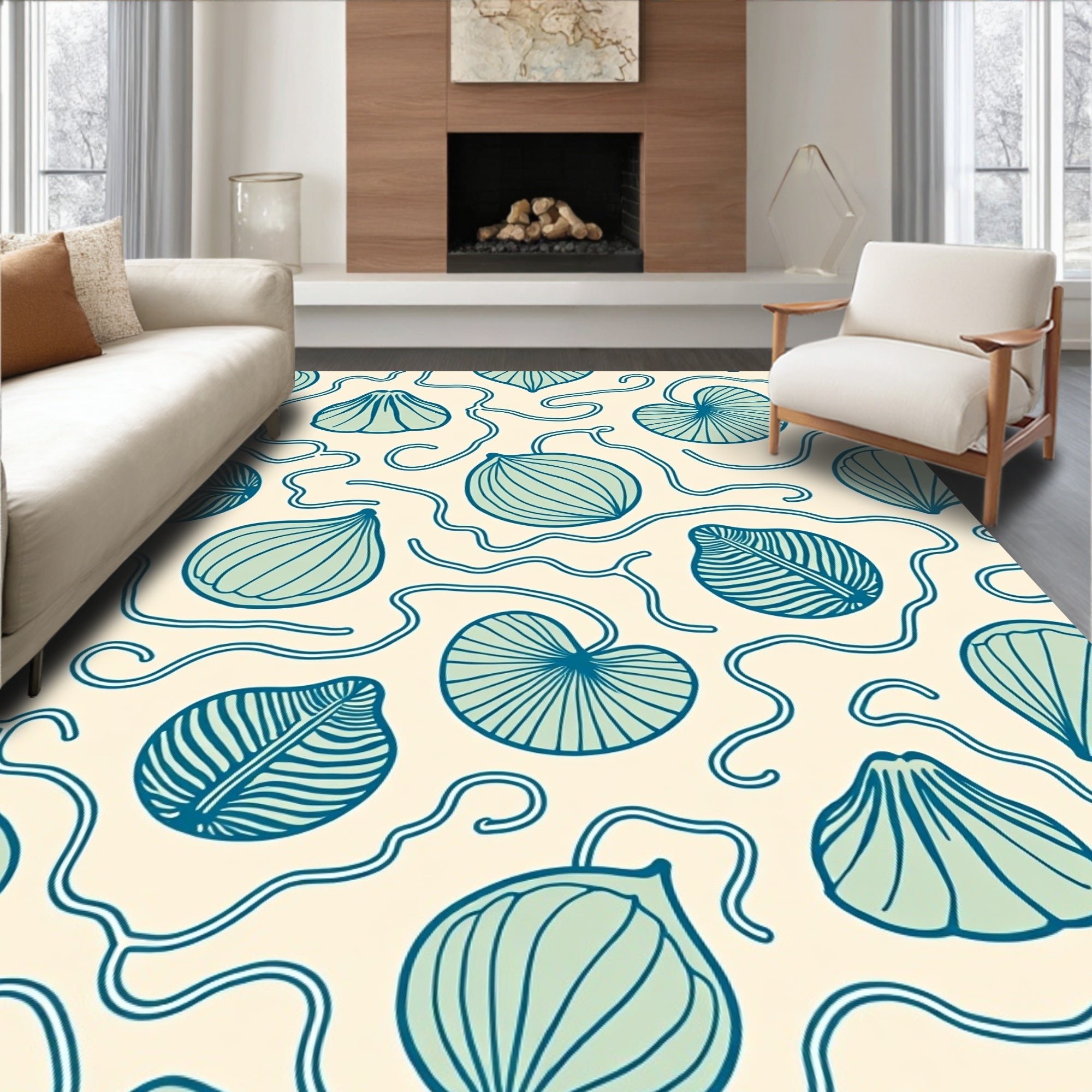 Aqua Botanical Swirl Garden Rug