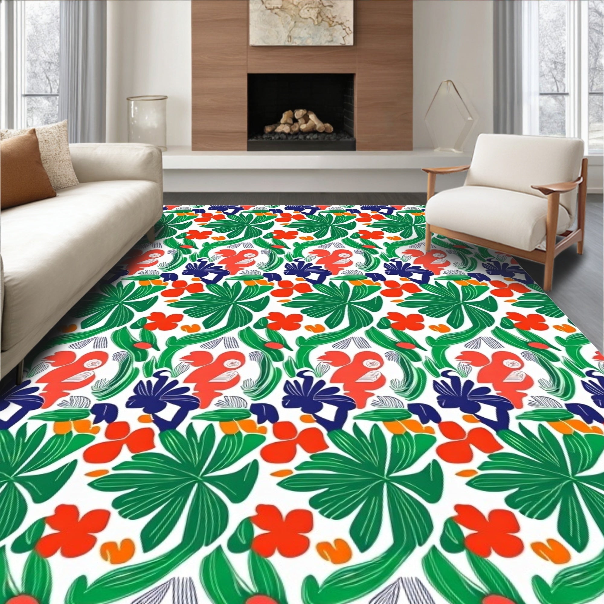 Coral Blue Green Tropical Bird Folia Rug