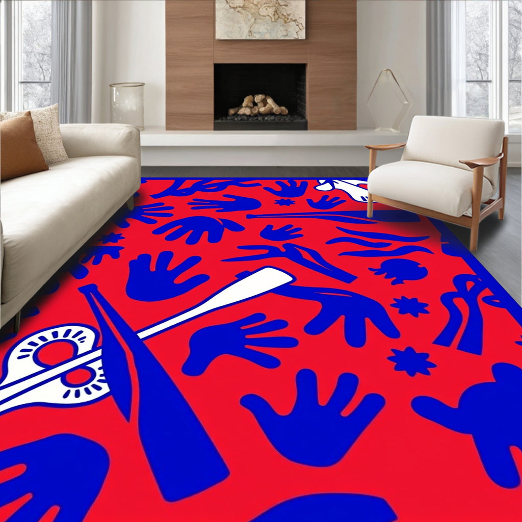 Bold Red Blue Abstract Hand Shapes Rug