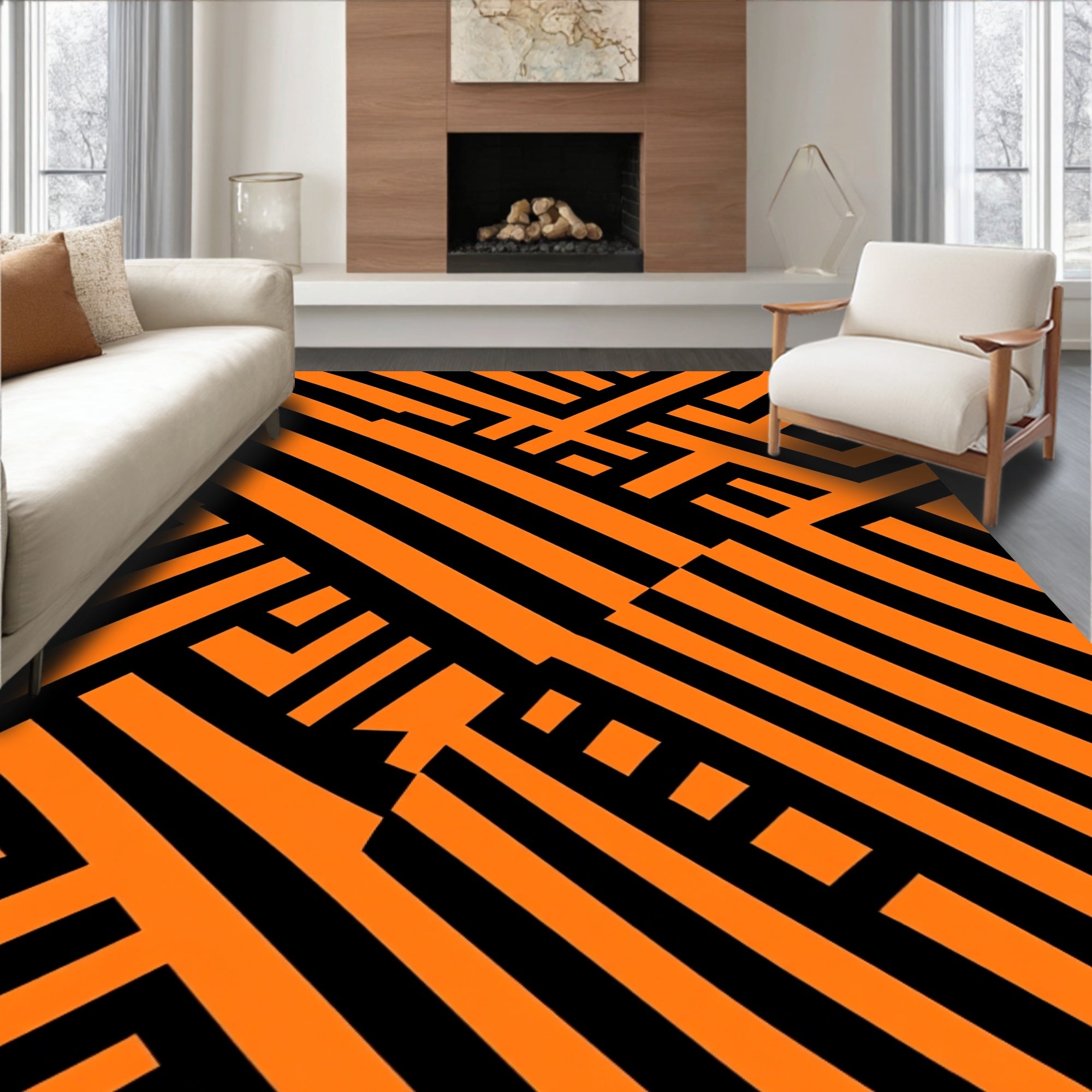Bold Orange Geometric Maze Rug
