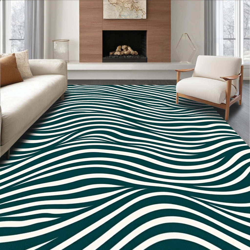 Deep Teal And Cream Wavy Stripes Rug
