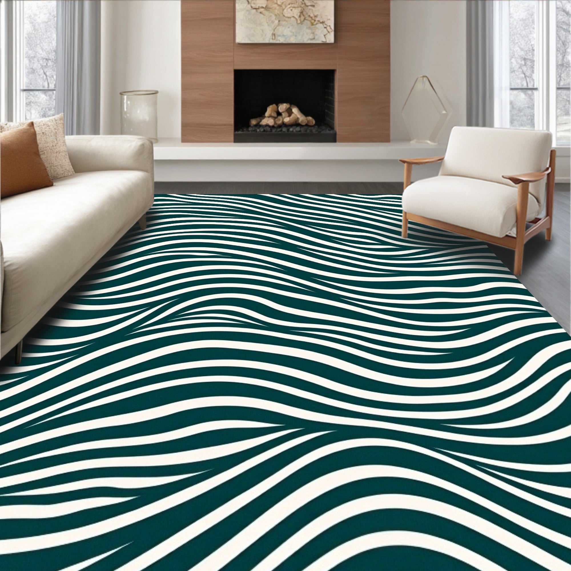 Deep Teal And Cream Wavy Stripes Rug